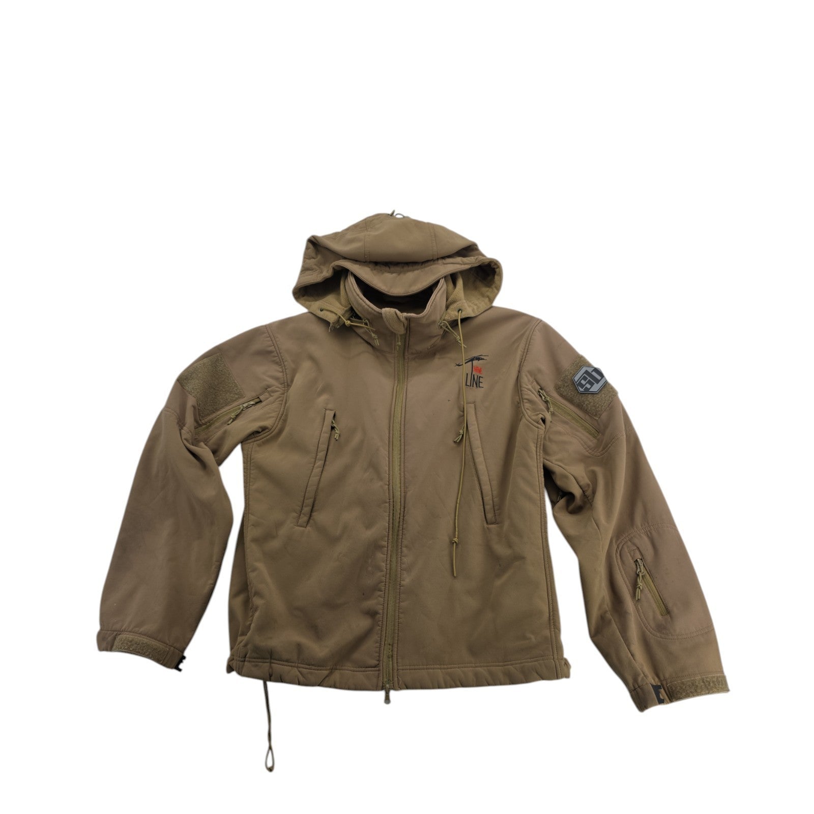 Nine Line Tactical Softshell Hooded Jacket Men’s L Tan with Patches