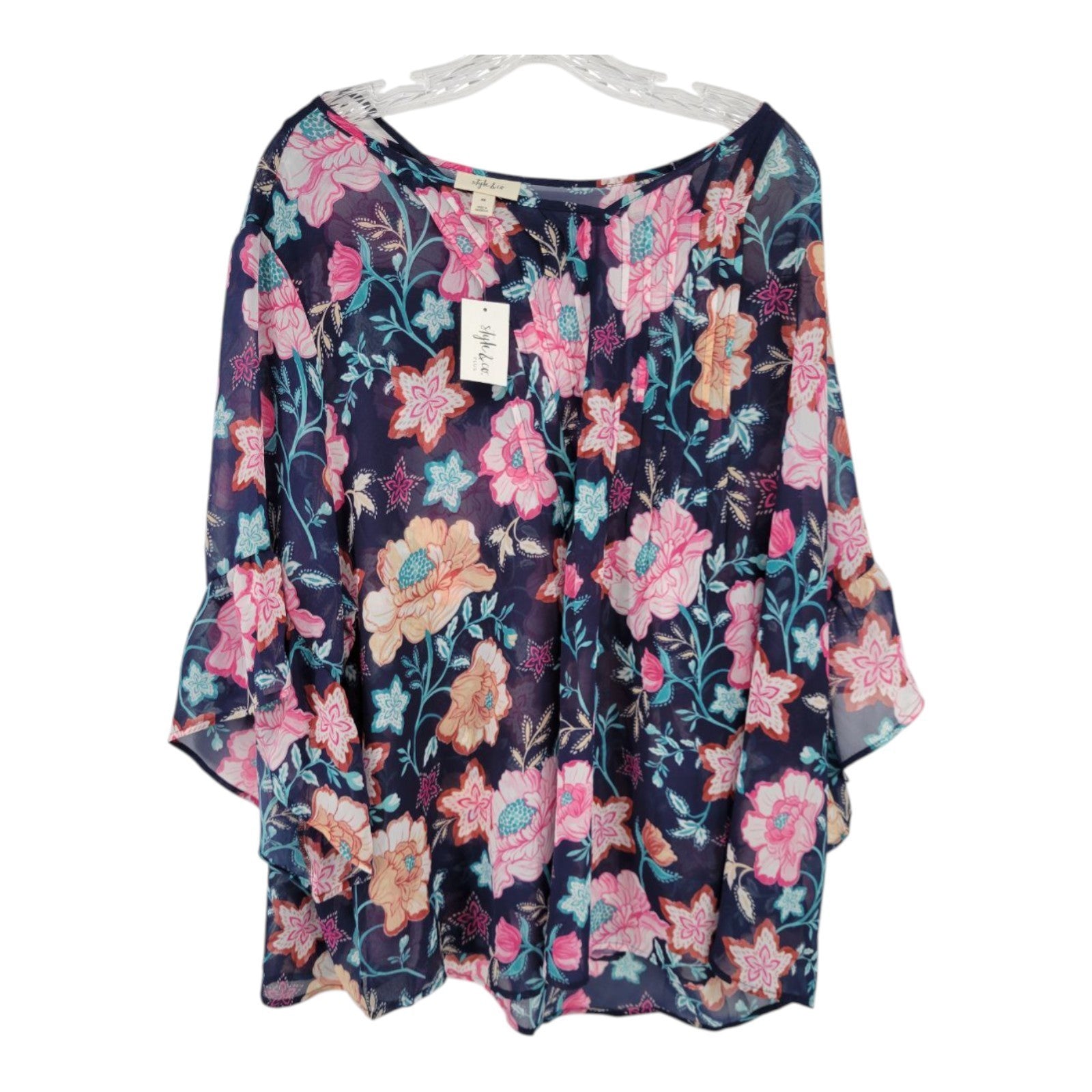 Style & Co Plus Women's Summer Flora Sheer Blouse Bell Sleeve Top 4X NWT