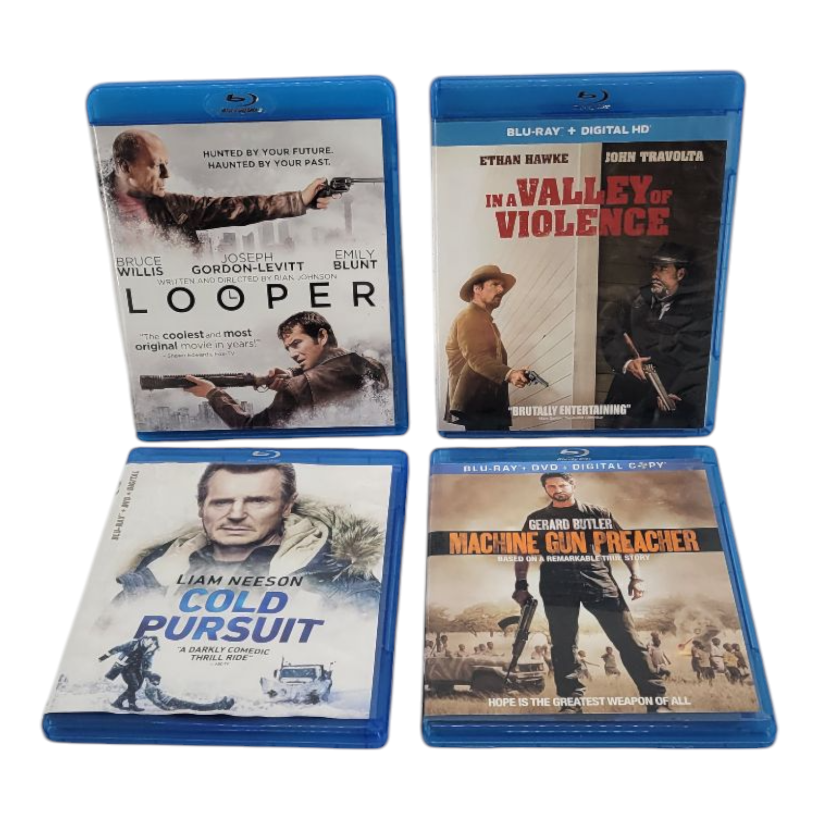 Looper Cold Pursuit Valley of Violence Machine Gun Preacher Blu-ray Movie Bundle