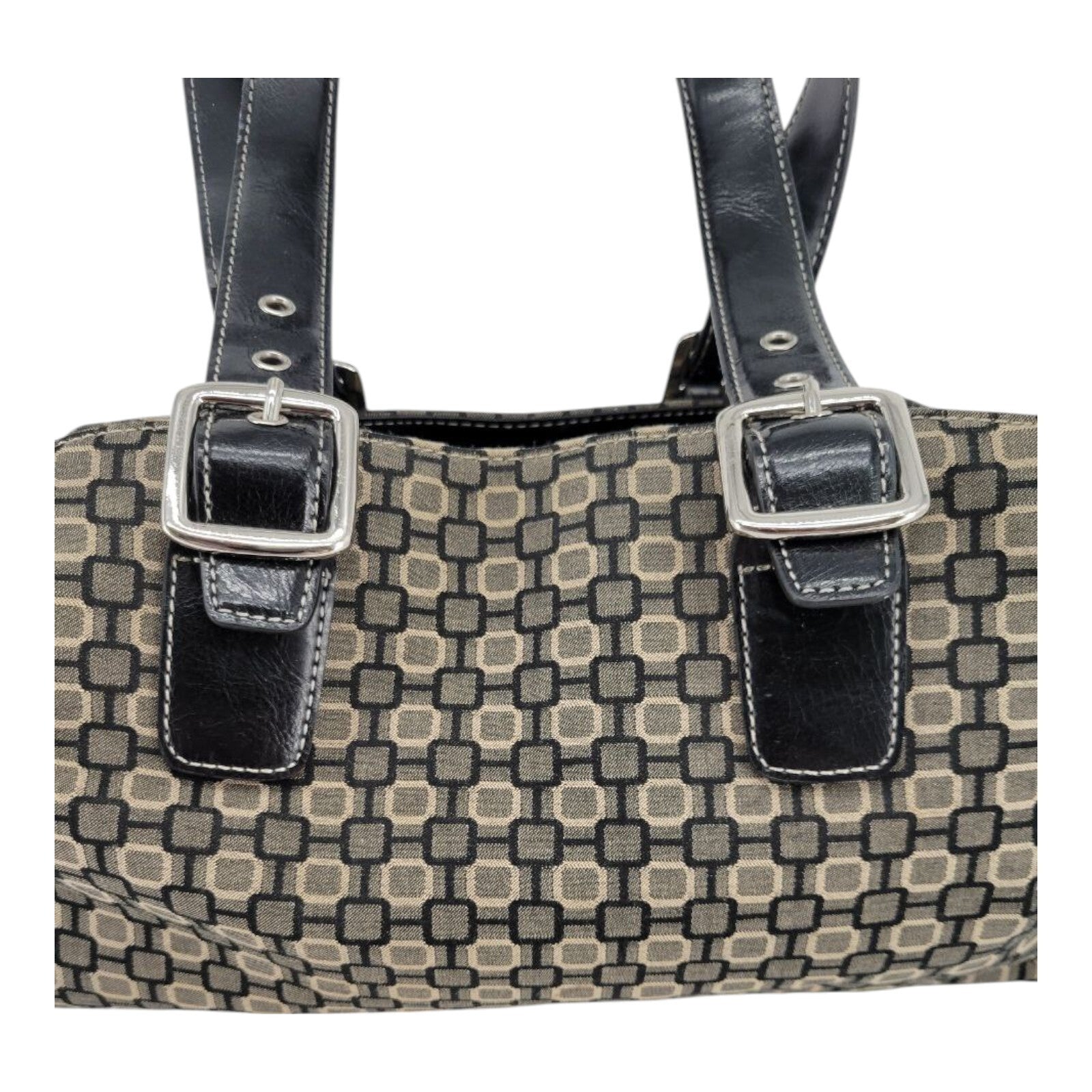 Nine West Black Brown Geometric Print Canvas Handbag Purse Leather Straps