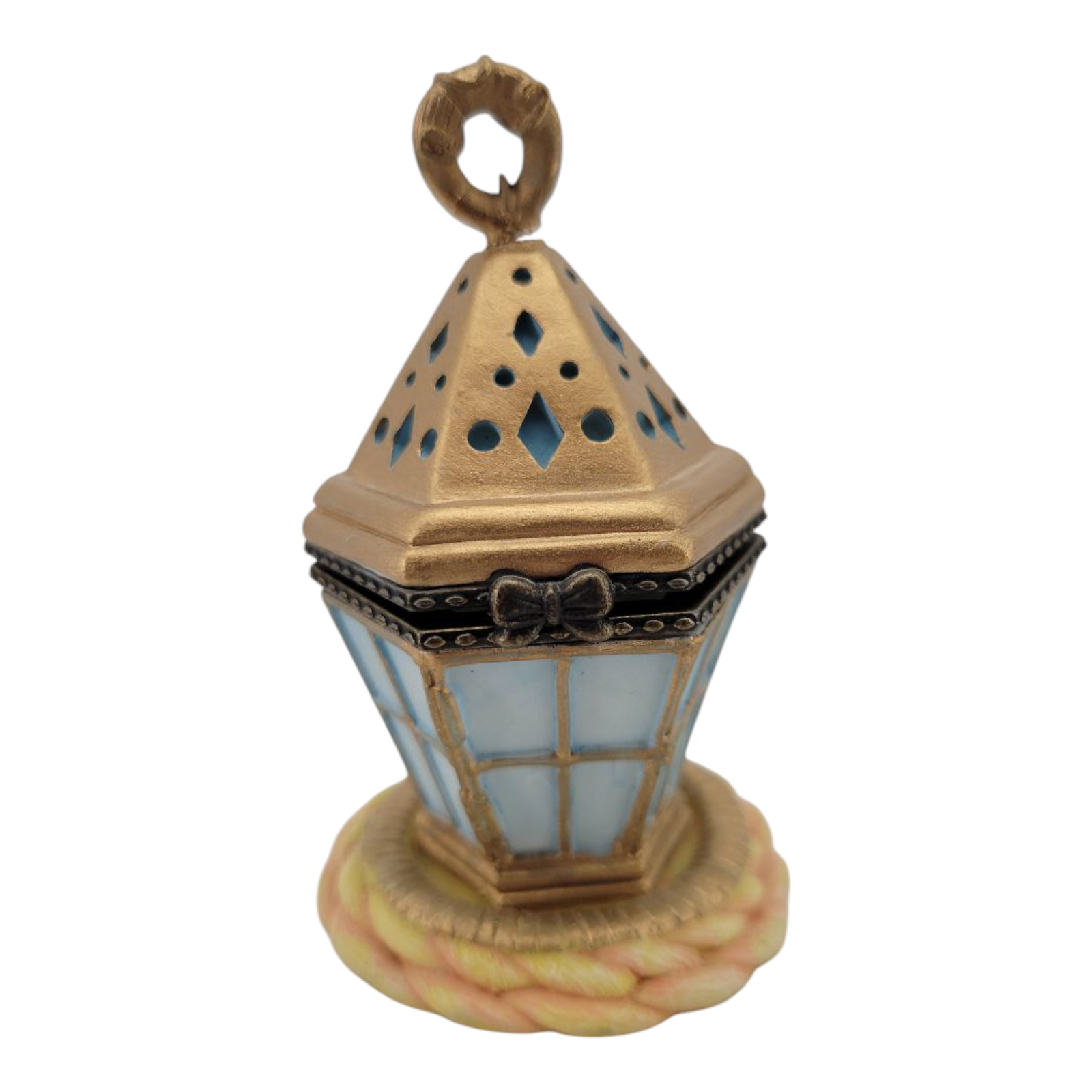 Vintage Lantern Hinged Trinket Box Gold & Blue Porcelain Miniature Collectible