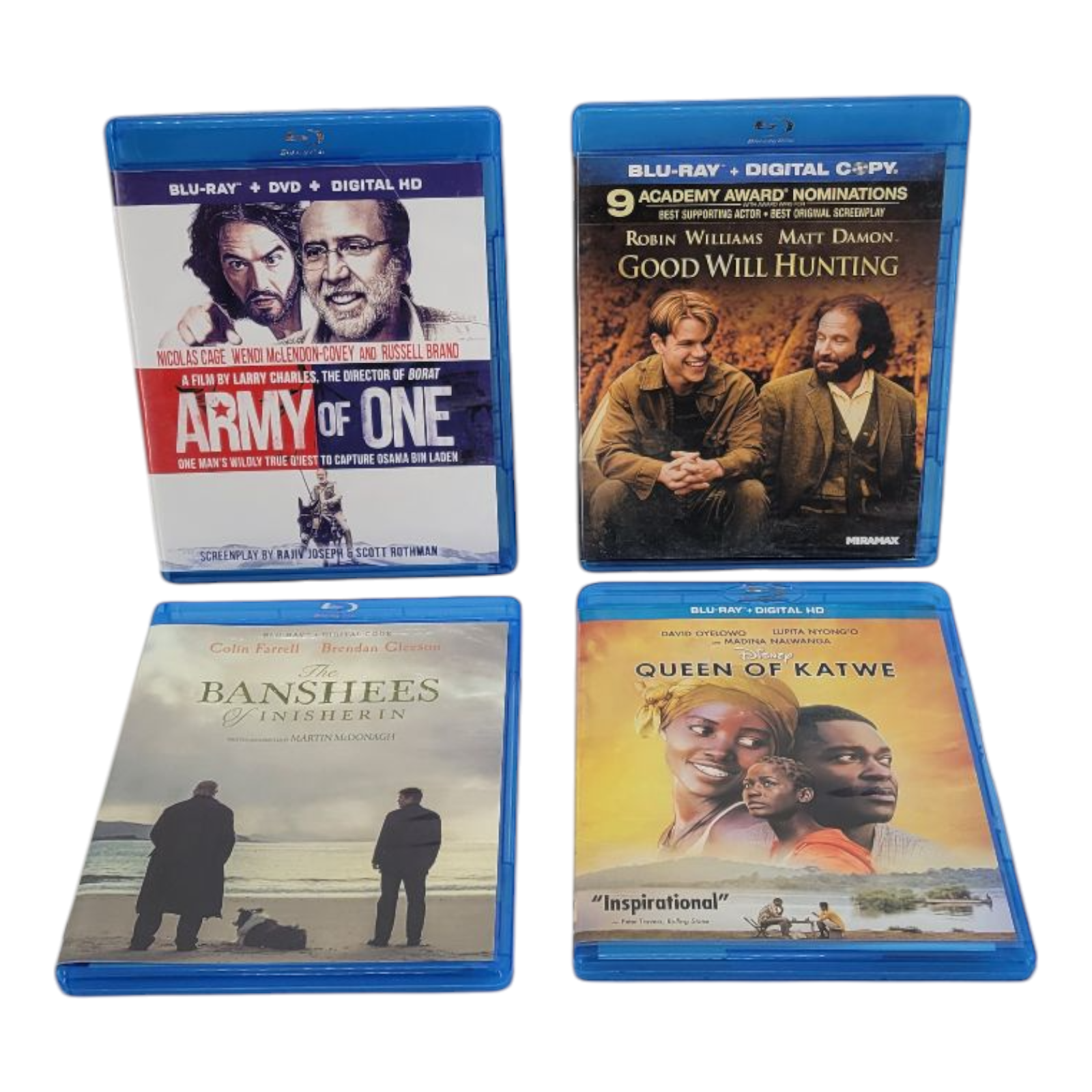 Army of One Good Will Hunting Queen of Katwe Banshees of Inisherin Movie Bundle