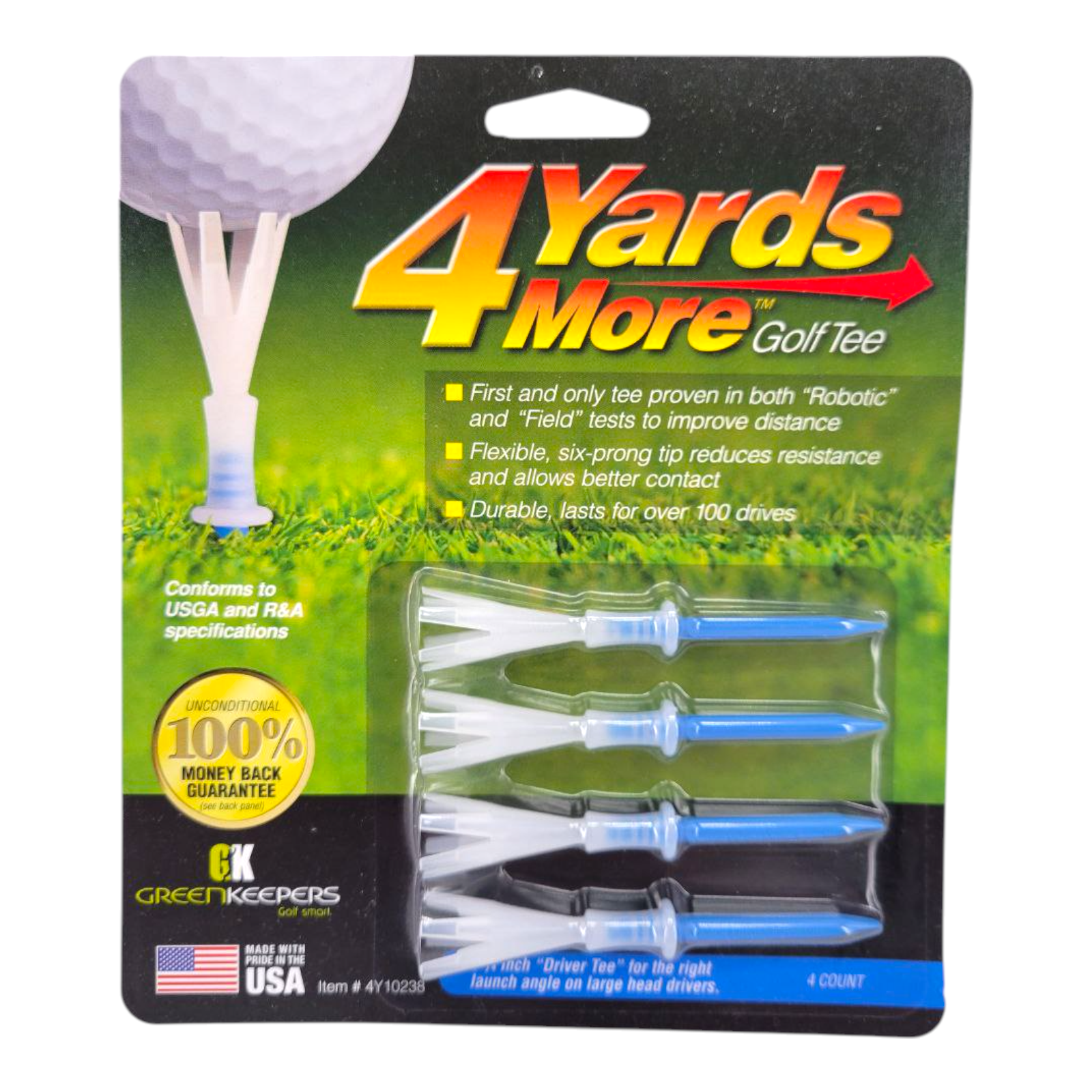 Greenkeepers 4 Yards More 3 1/4" Driver Tee Blue Golf Tees 4 Pack