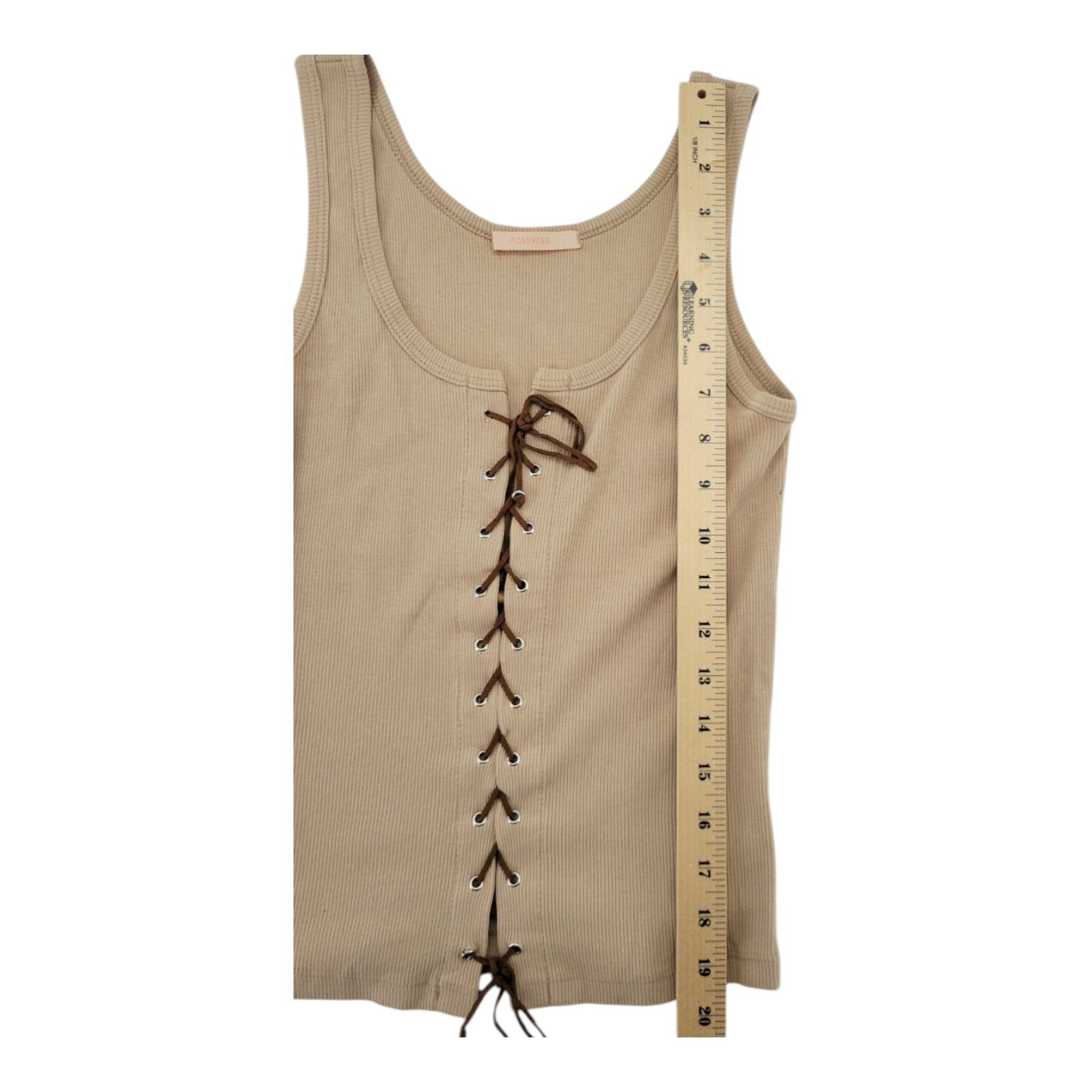 Forever 21 Women's Beige Ribbed Lace-Up Tank Top Sleeveless Fitted Size S