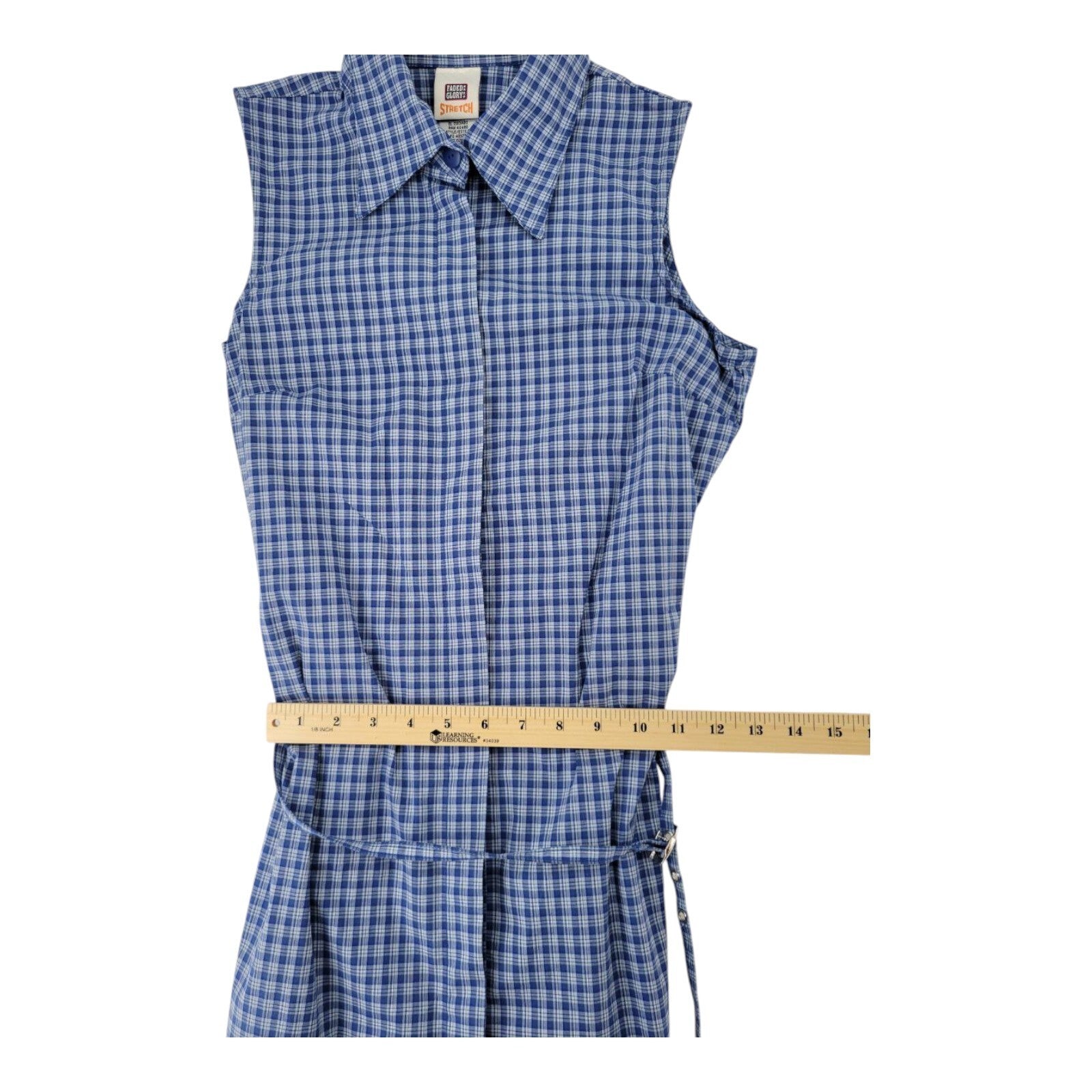 Faded Glory Stretch Blue Plaid Sleeveless Shirt Dress Tie Waist Size Small 4/6