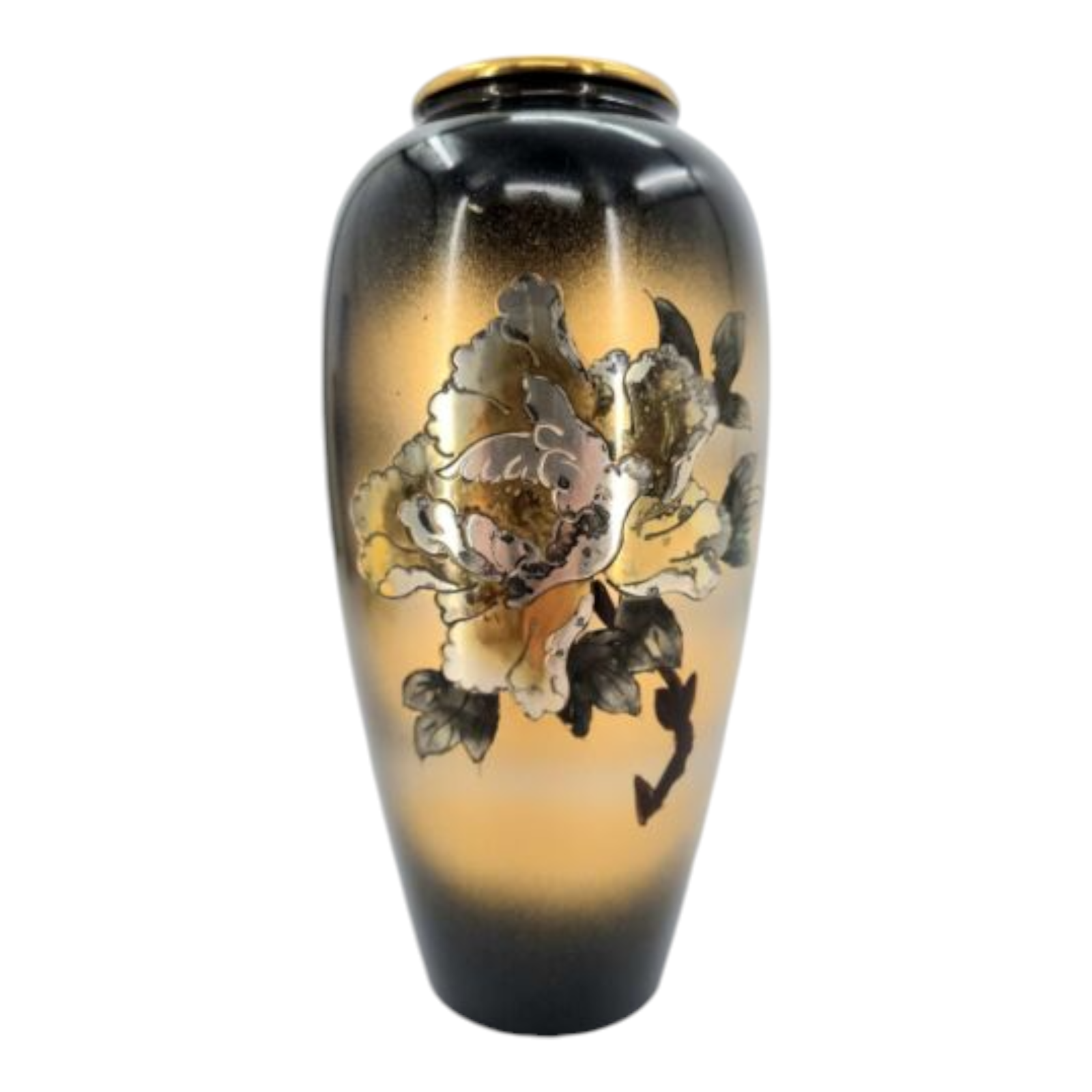 Vintage The Art of Chokin Vase Black 24K Gold Edge with Flowers #587 of 2000