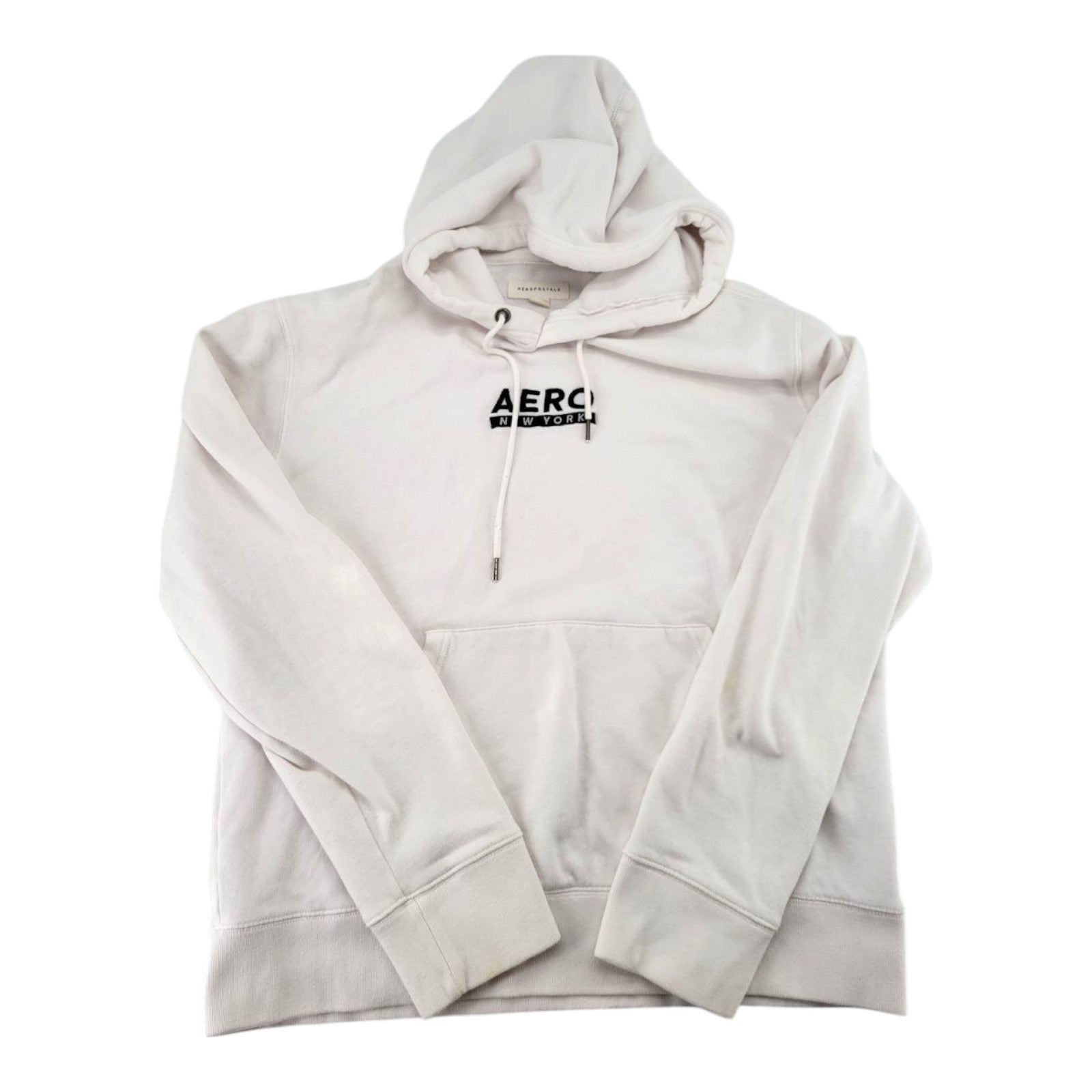 Aeropostale Aero New York White Hoodie Pullover Sweatshirt Kangaroo Pocket Large