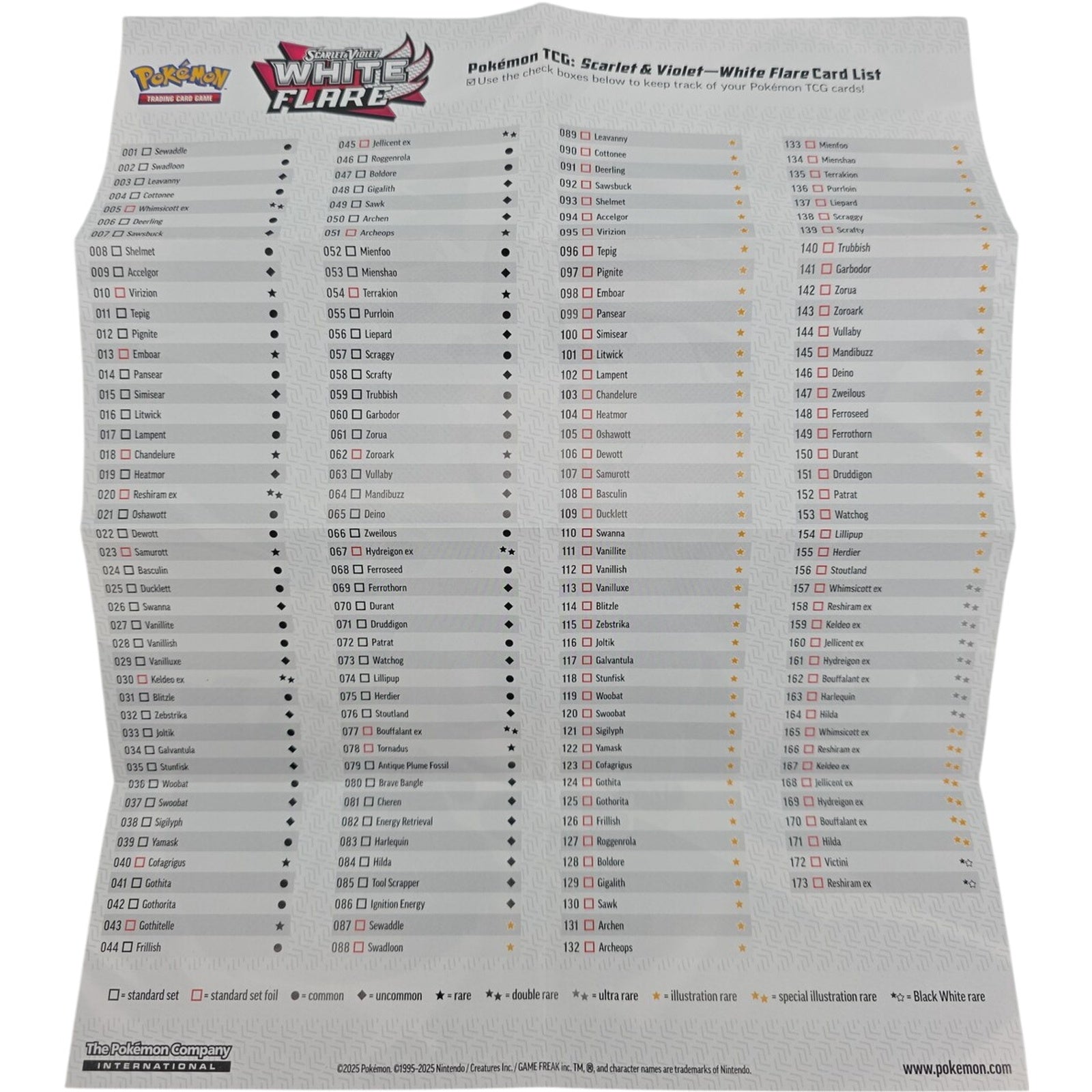 Pokemon TCG Scarlet & Violet White Flare Card List Mini Poster Checklist Guide