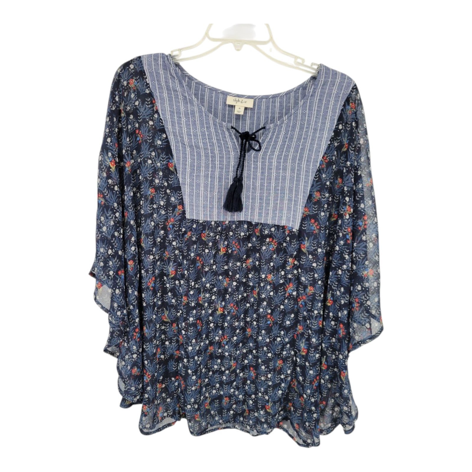 Style & Co Women's Boho Tassel Blouse Navy Floral Stripe Print Top XL