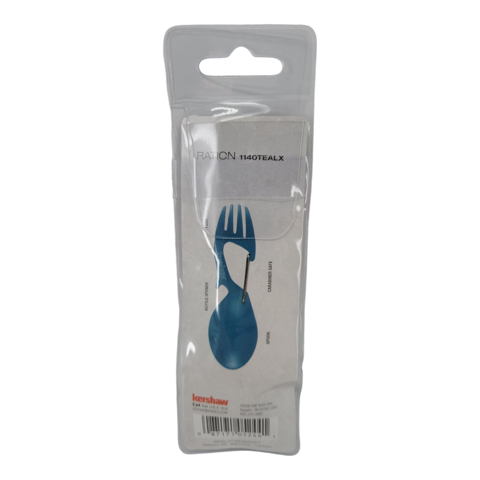 Kershaw Ration Eating Tool Teal Fork Spoon Bottle Opener with Carabiner