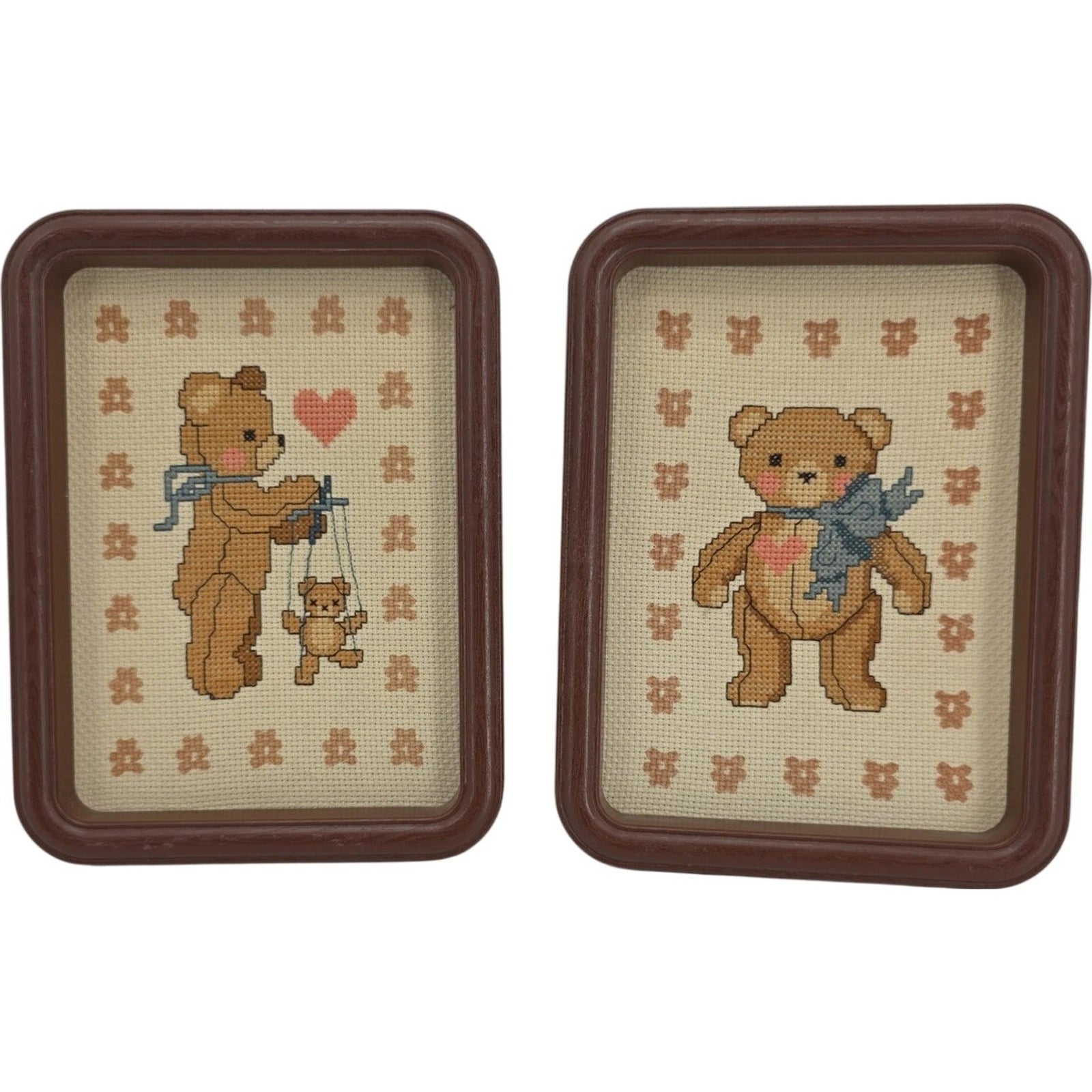 Vintage Good Shepherd Teddy Bear Counted Cross Stitch Set of 2 Framed