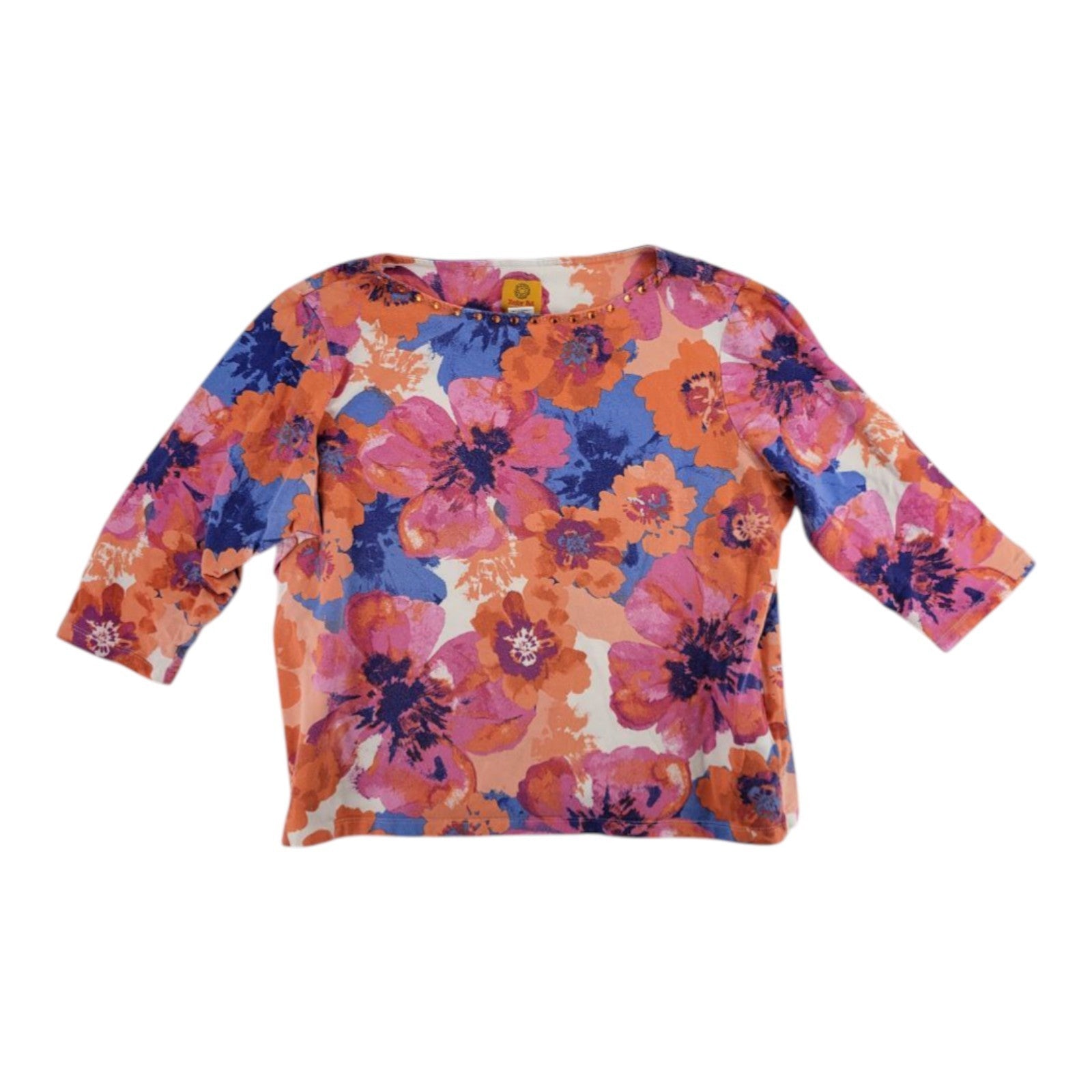 Ruby Rd. Petite Floral Embellished 3/4 Sleeve Top Orange Pink Blue PXL