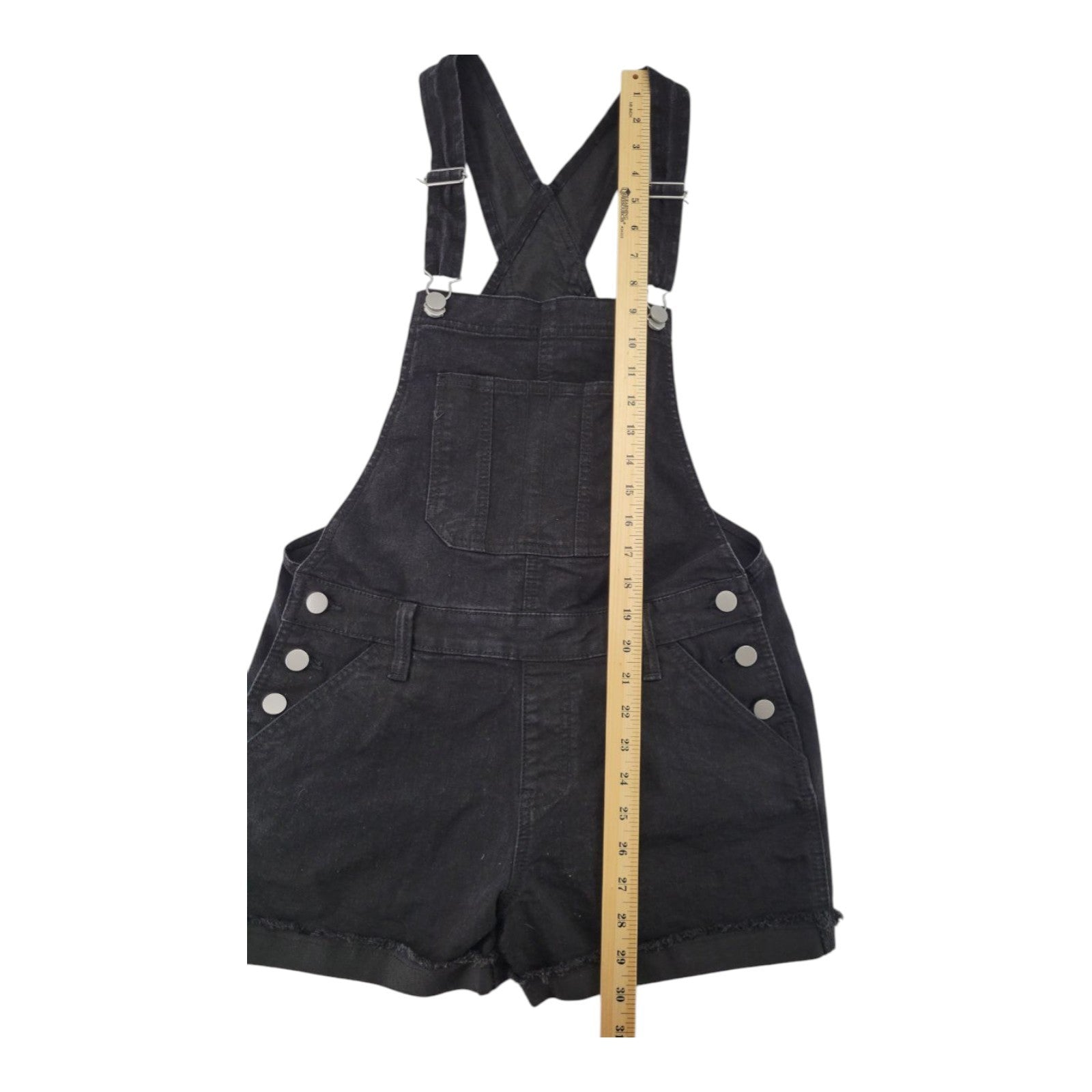 No Boundaries NOBO Women's Black Denim Overall Shorts Frayed Hem Size M (7-9)