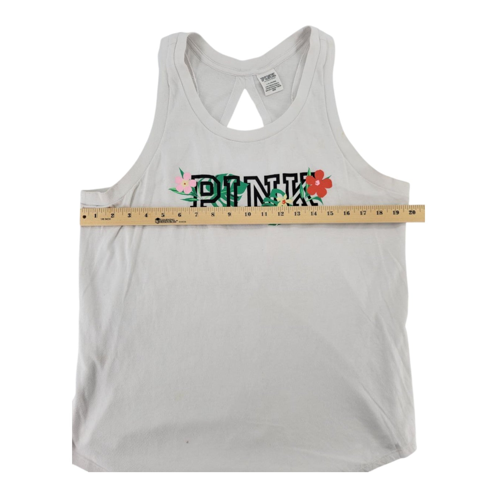 Victorias Secret PINK Tropical Logo Racerback Tank Top White Open Back Size L