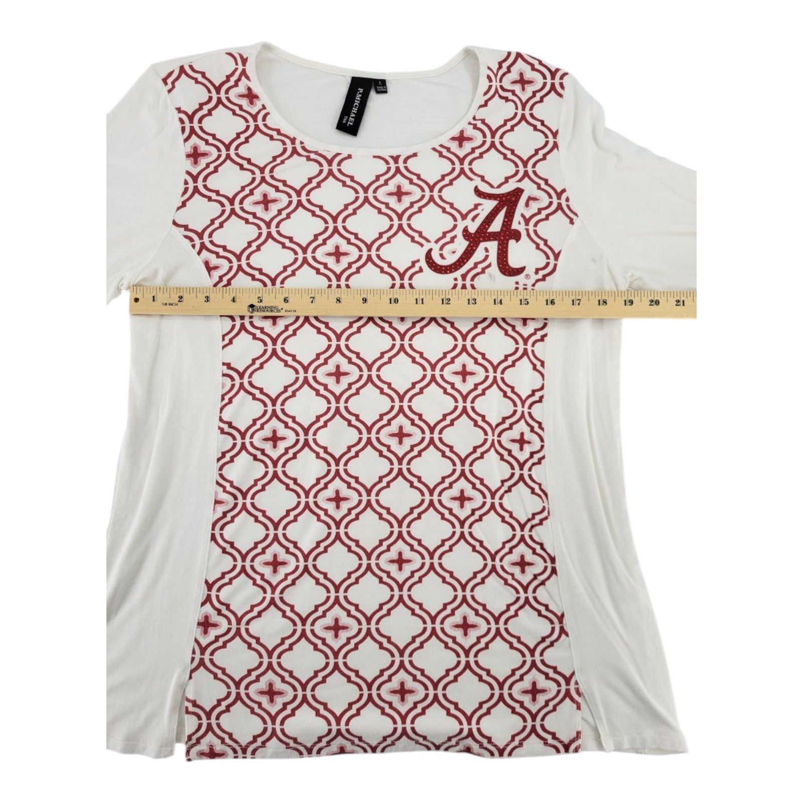 P Michael Alabama Crimson Tide Womens Top White Red Patterned Logo Size L