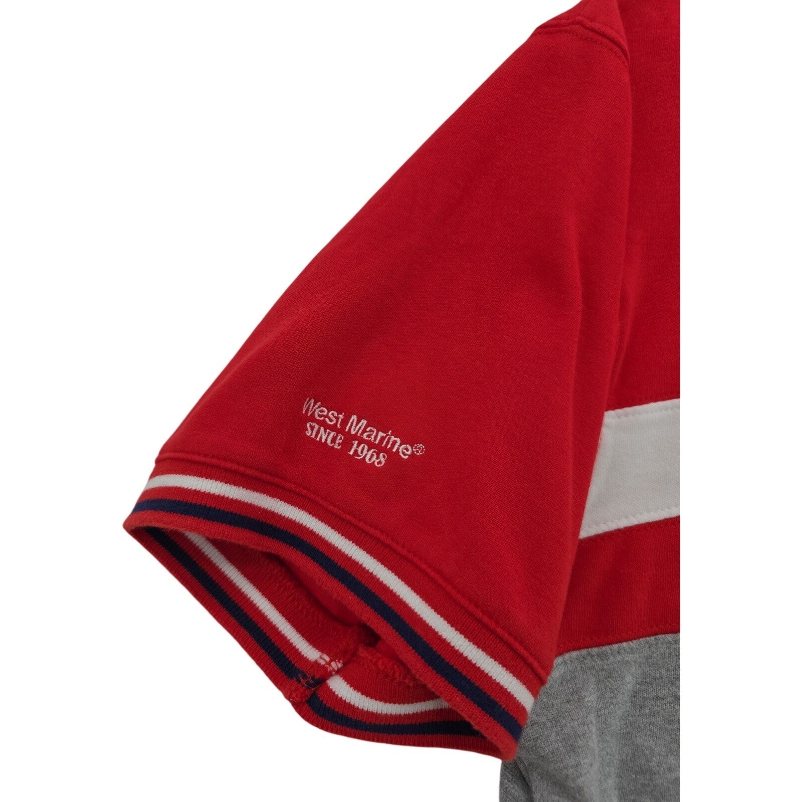 West Marine Crew Polo Red Gray White Striped Collared Golf Polo Shirt Size L
