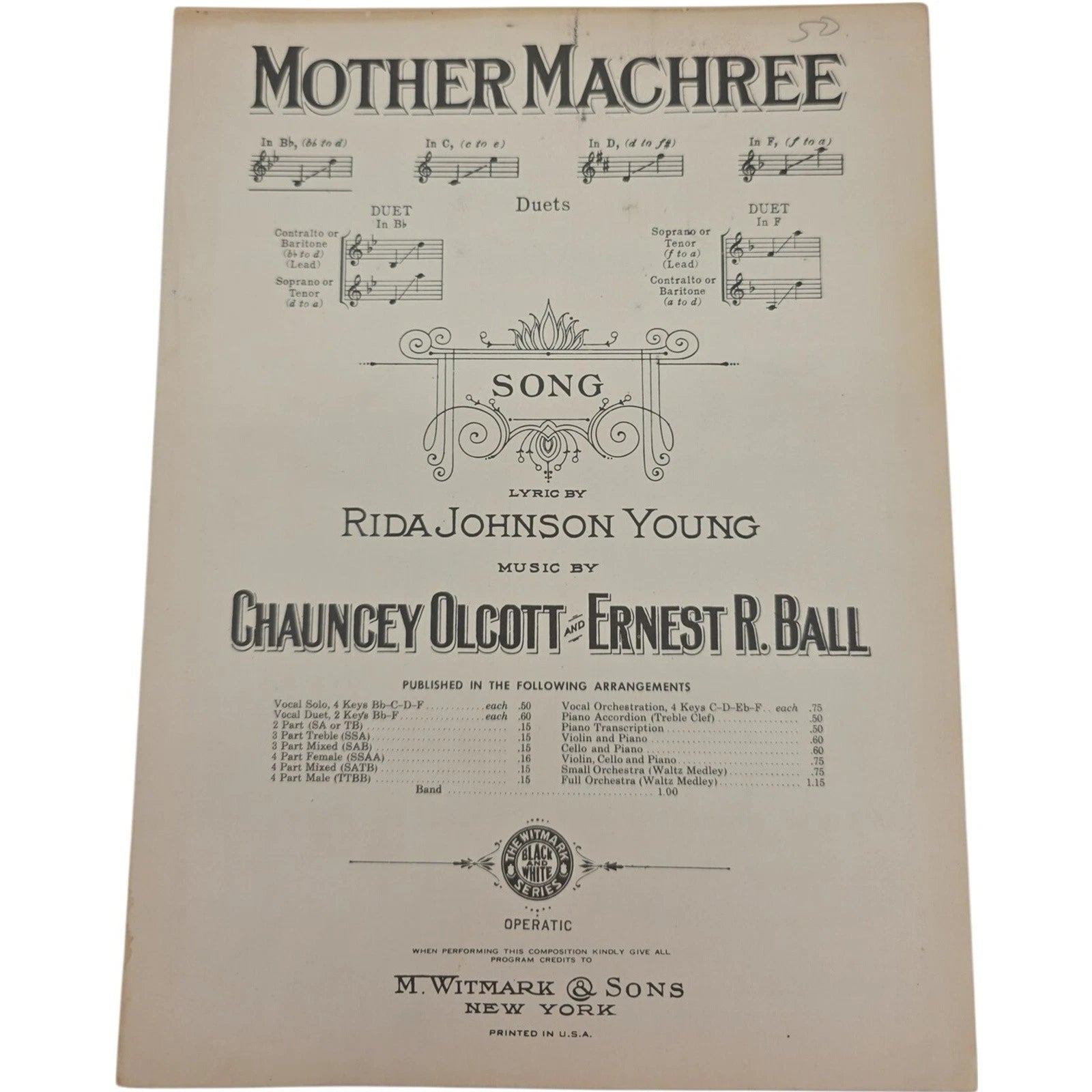 Vintage 1910 Sheet Music Mother Machree by Rida Johnson Young