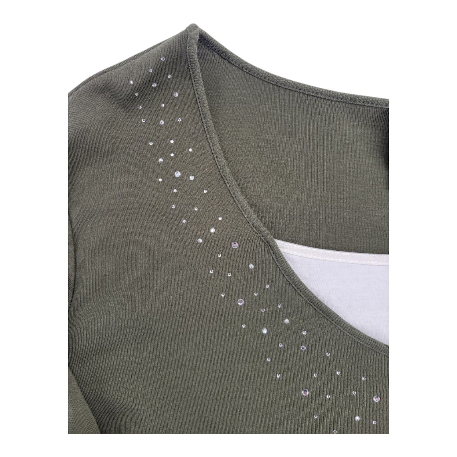 Women's Olive Green V-Neck Rhinestone Long Sleeve Shirt Plus Size 22/24W