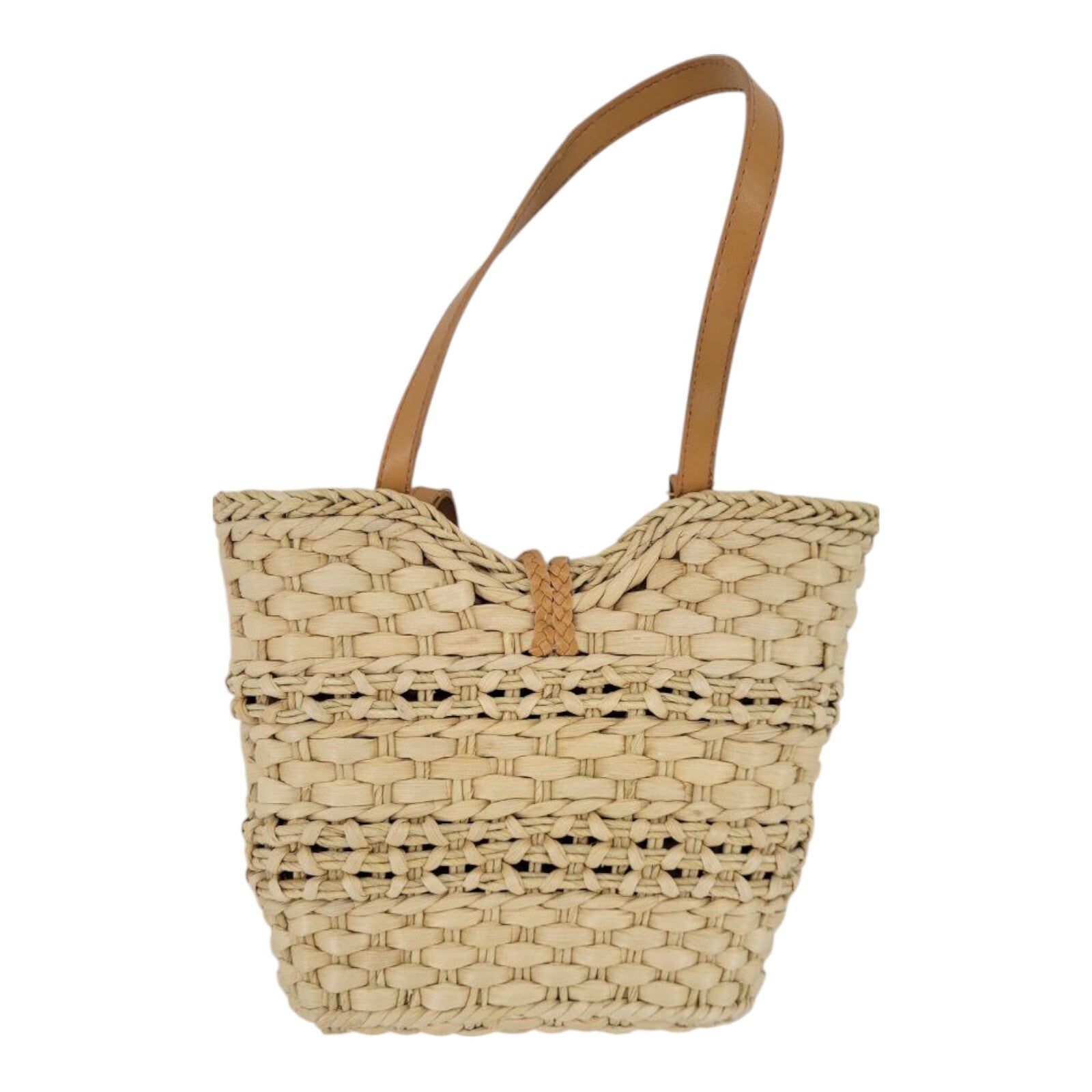 Womens Beige Tote Cornhusk Handbag with Leather Handles and Beads