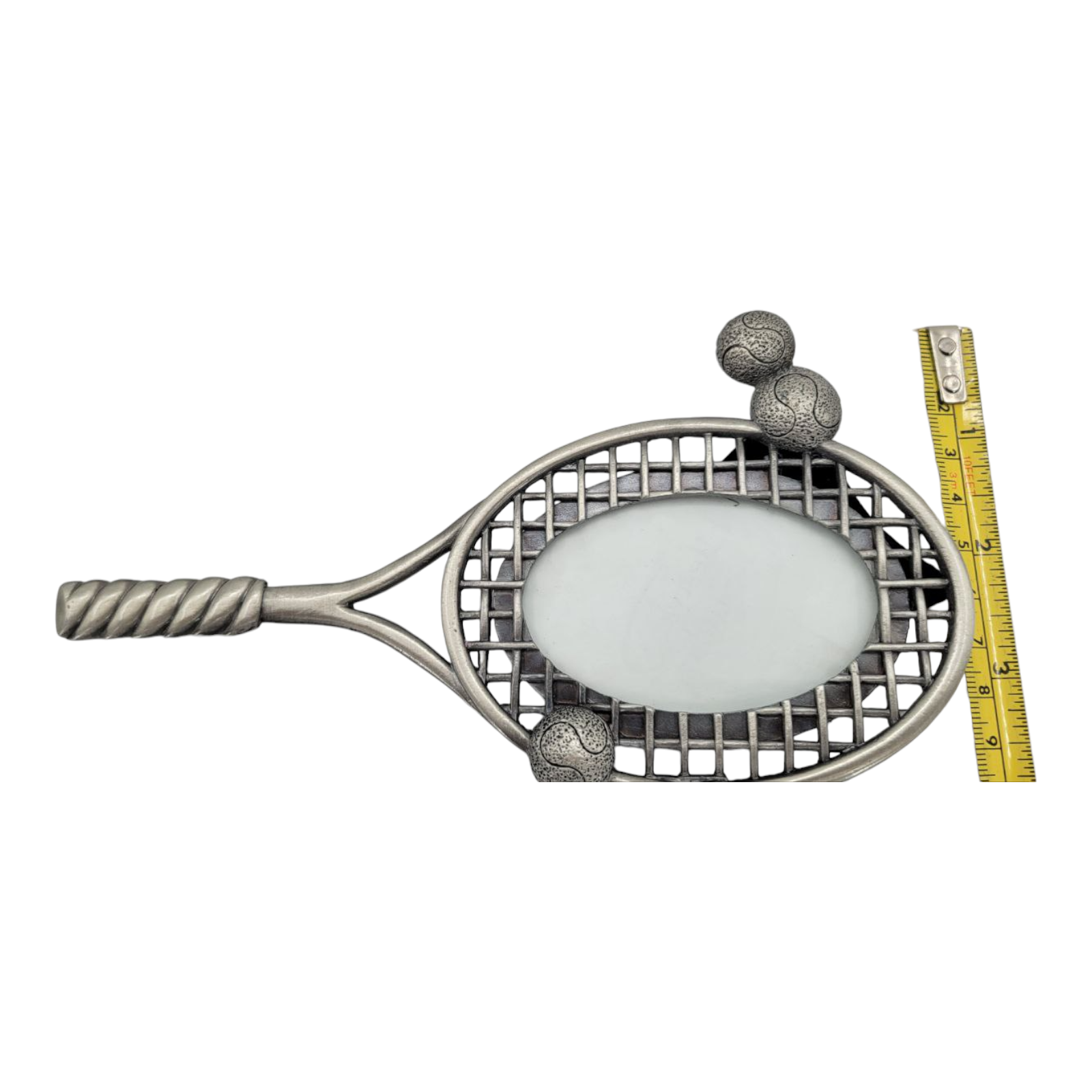 Vintage Pewter Tennis Racket Picture Frame Oval Photo Holder with Tennis Balls