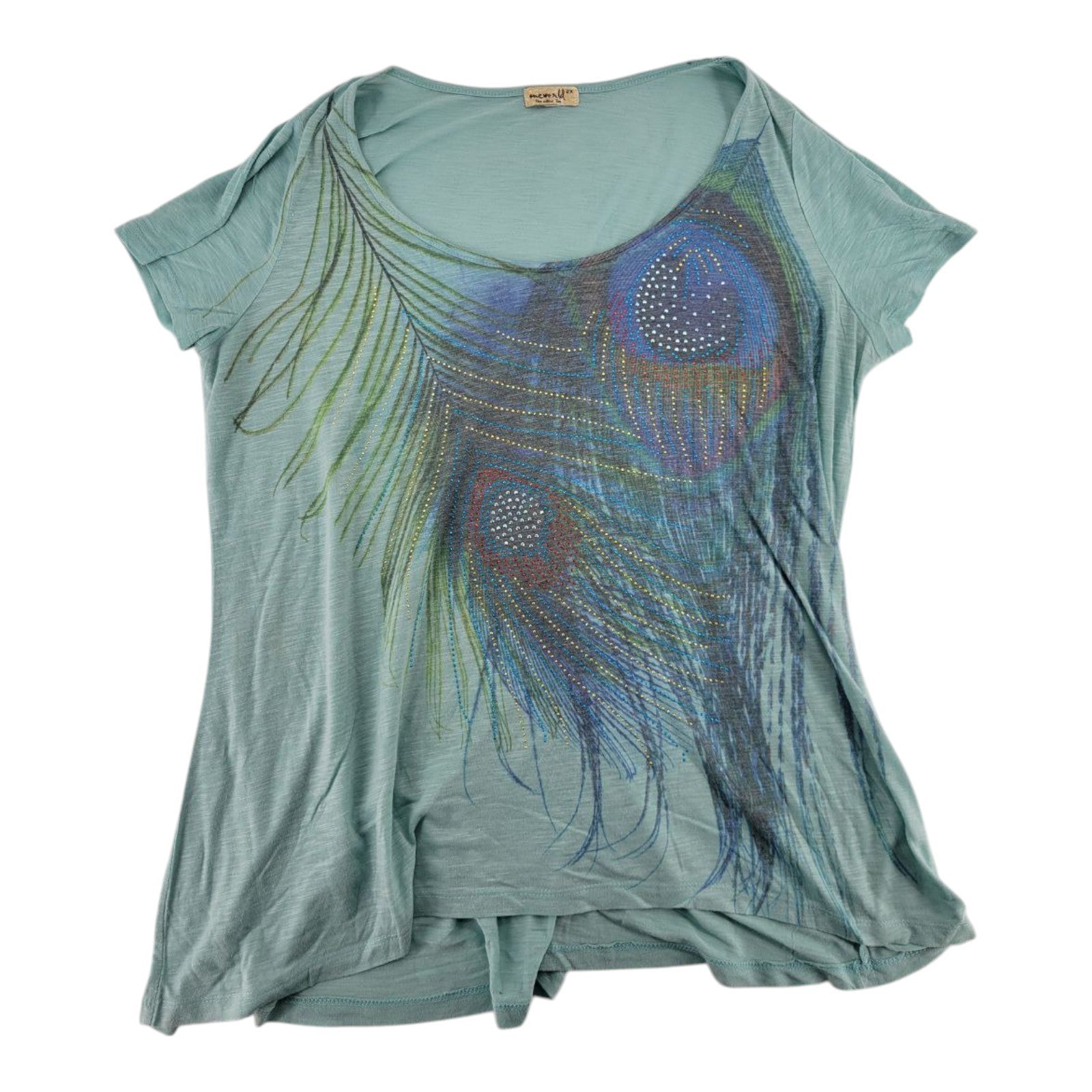 One World Live and Let Live Sage Green Boho Peacock Top Short Sleeve Size 2X