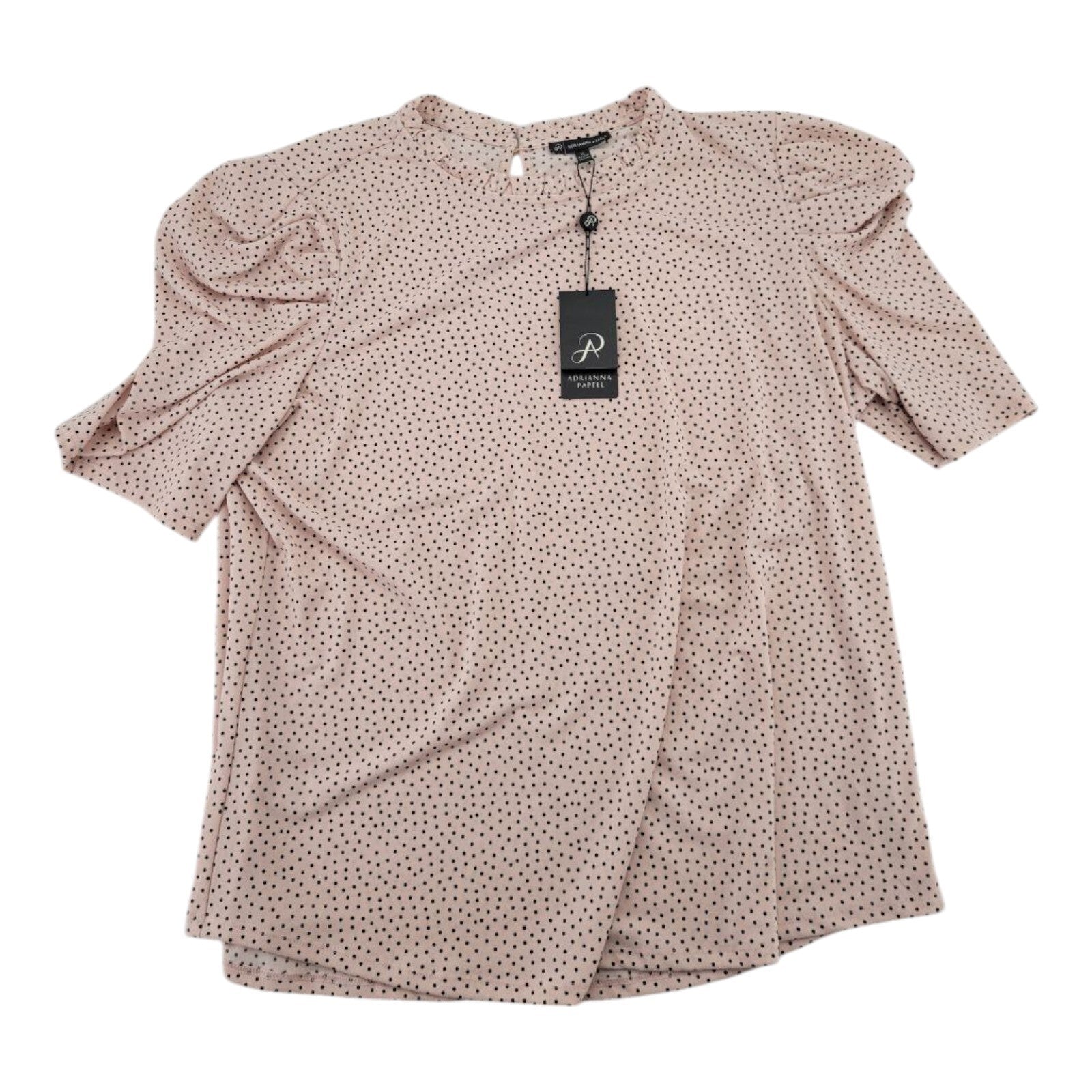 Adrianna Papell Pink Polka Dot Blouse Womens Ruffle Neck Puff Sleeves Size XL