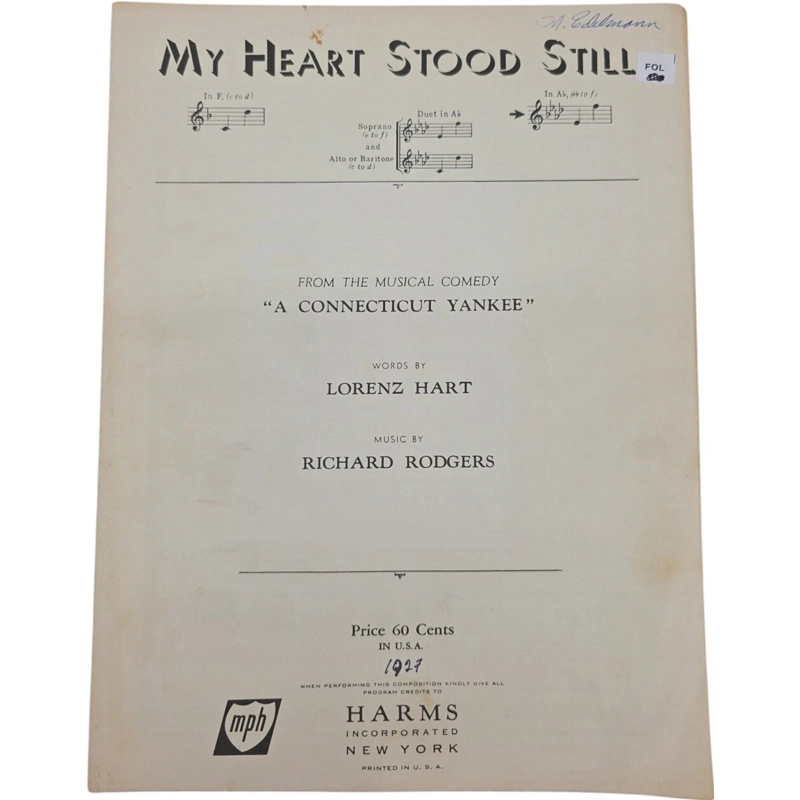 1927 Sheet Music My Heart Stood Still Rodgers Hart Connecticut Yankee Musical