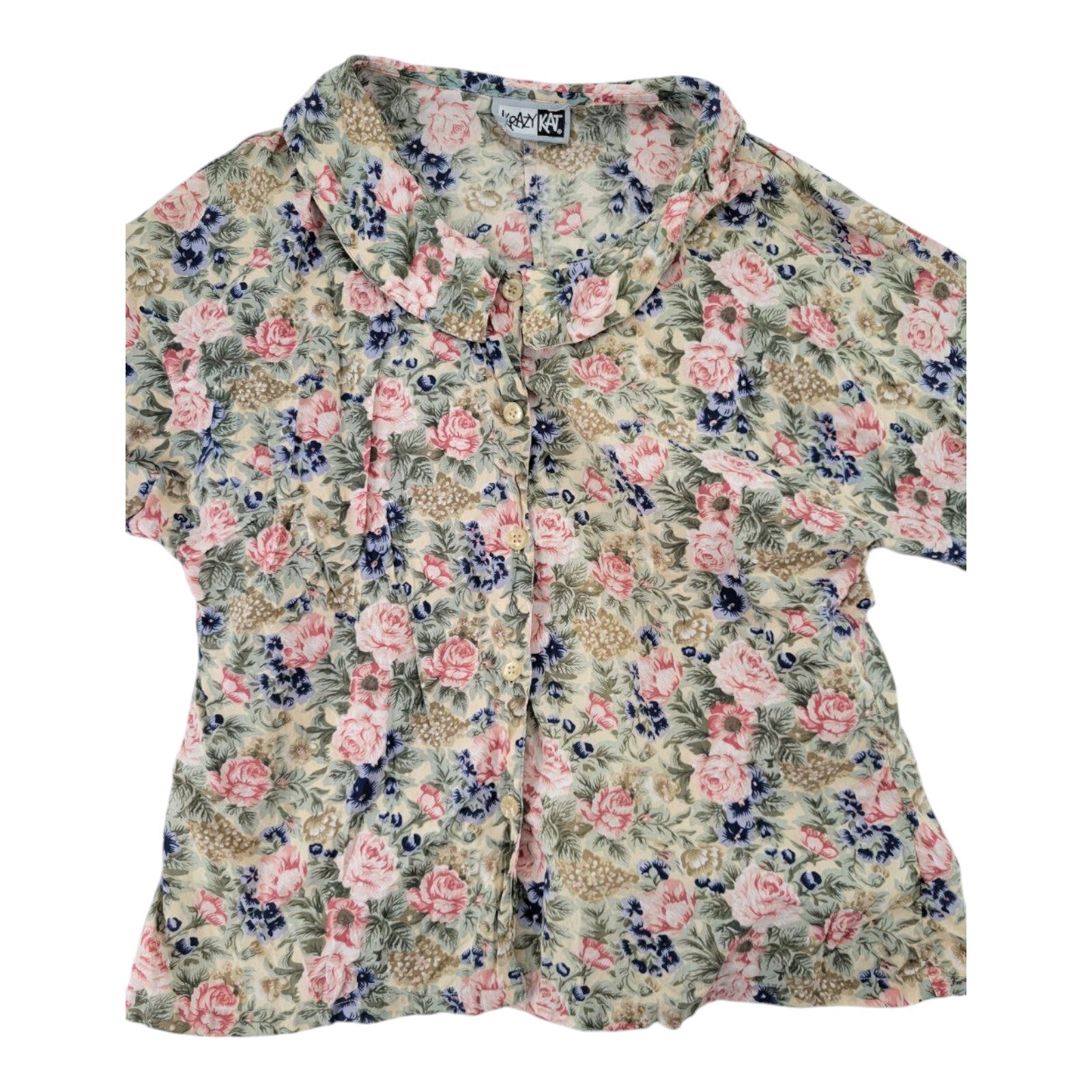 Krazy Kat Multicolor Floral Button Front Vintage Blouse Womens Size M