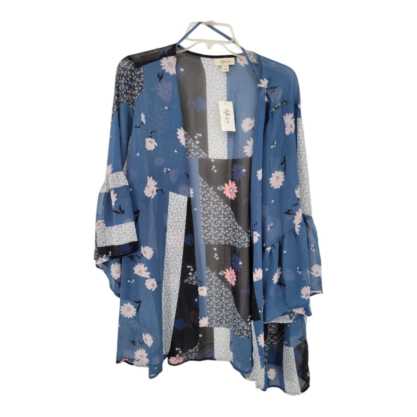 Style & Co Women's Kimono Cardigan Blue Floral Chiffon Open Front 2X
