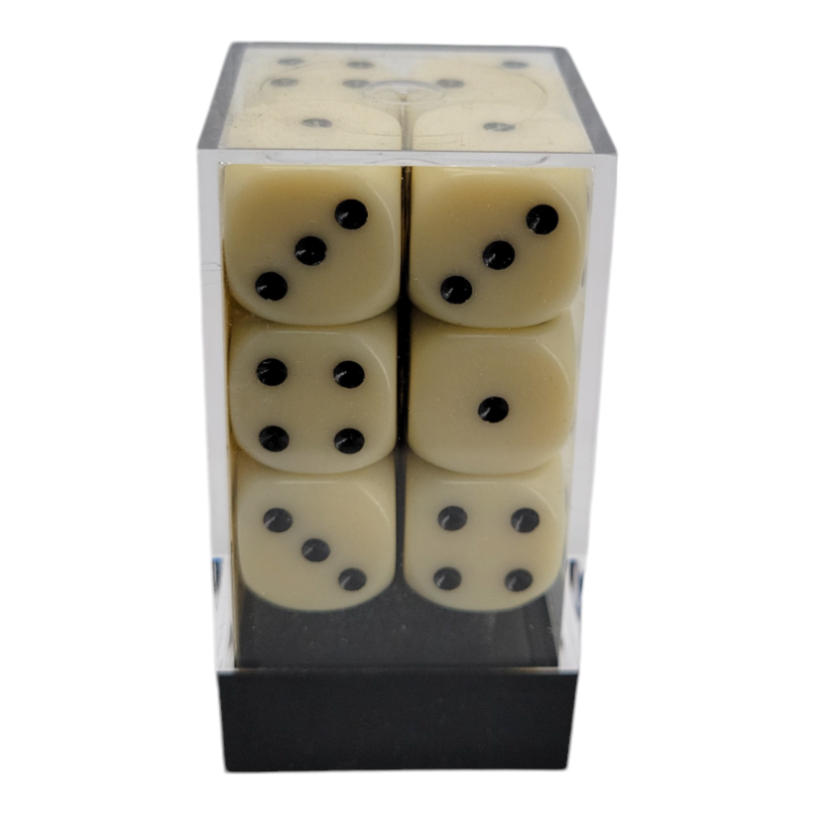 Chessex Opaque 16mm D6 Dice Set Ivory with Black Pips 12 Dice Block CHX25600