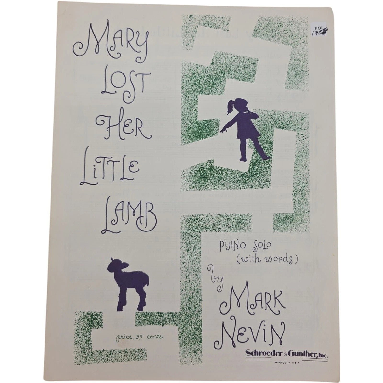 Mary Lost Her Little Lamb 1958 Sheet Music by Mark Nevin Piano Solo with Words