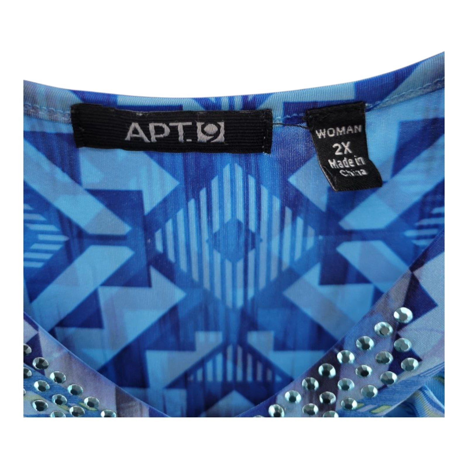 APT 9 Women's Blue Geometric V-Neck Dress Embellished Short Sleeve 2X