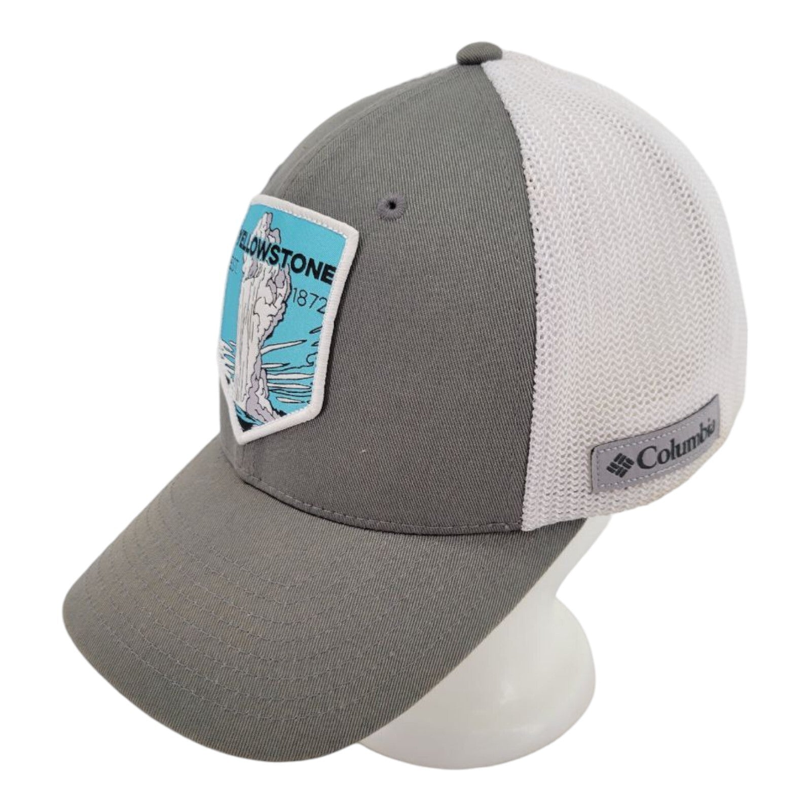 Columbia Yellowstone Flexfit Hat Gray White Mesh Trucker Cap Old Faithful S/M