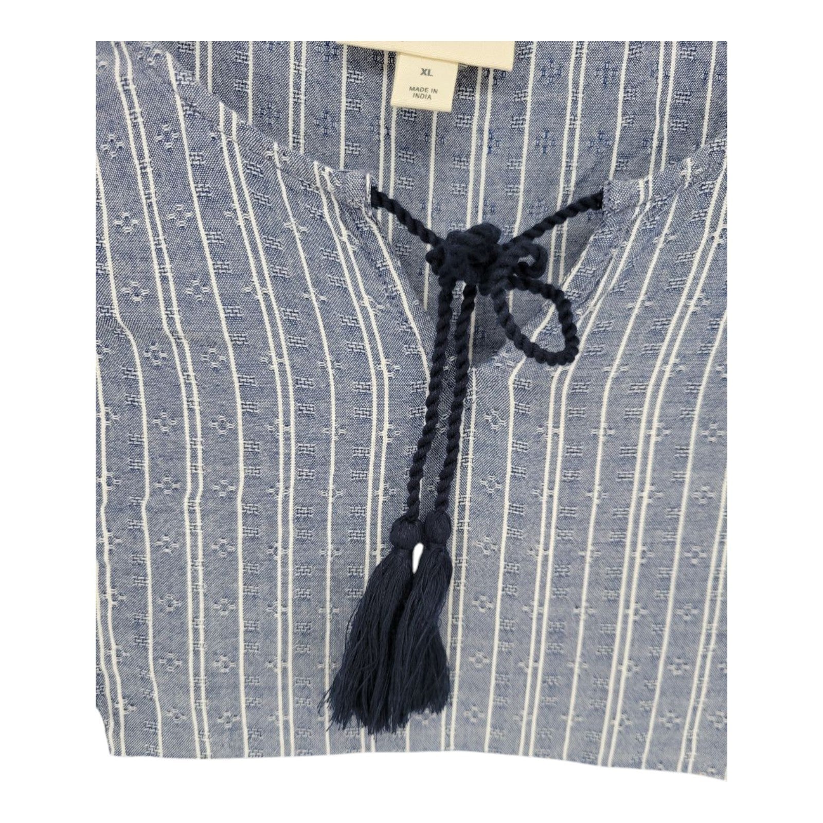 Style & Co Women's Boho Tassel Blouse Navy Floral Stripe Print Top XL