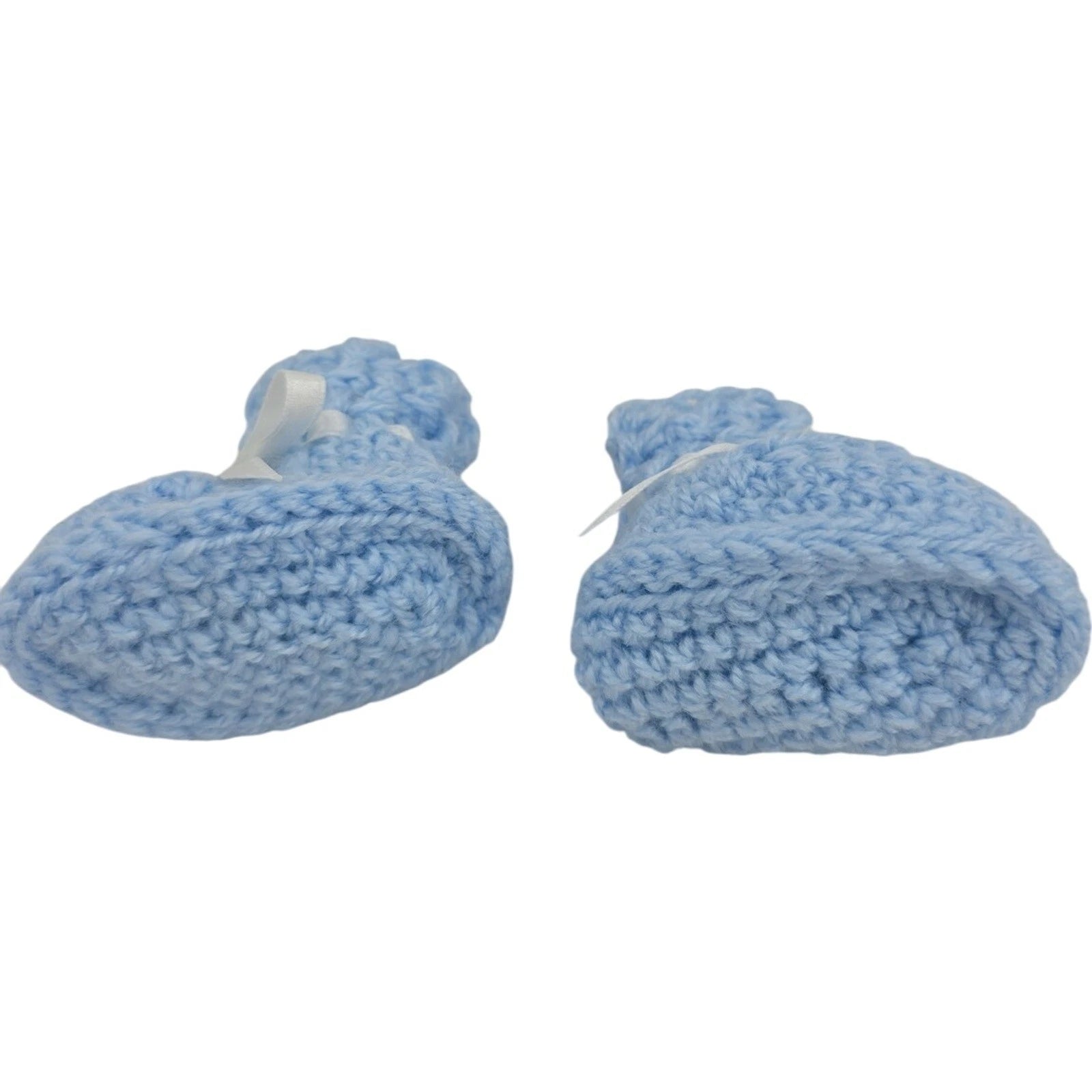 Vintage Handmade Blue Crochet Baby Booties with White Ribbon Ties – 3" Foot