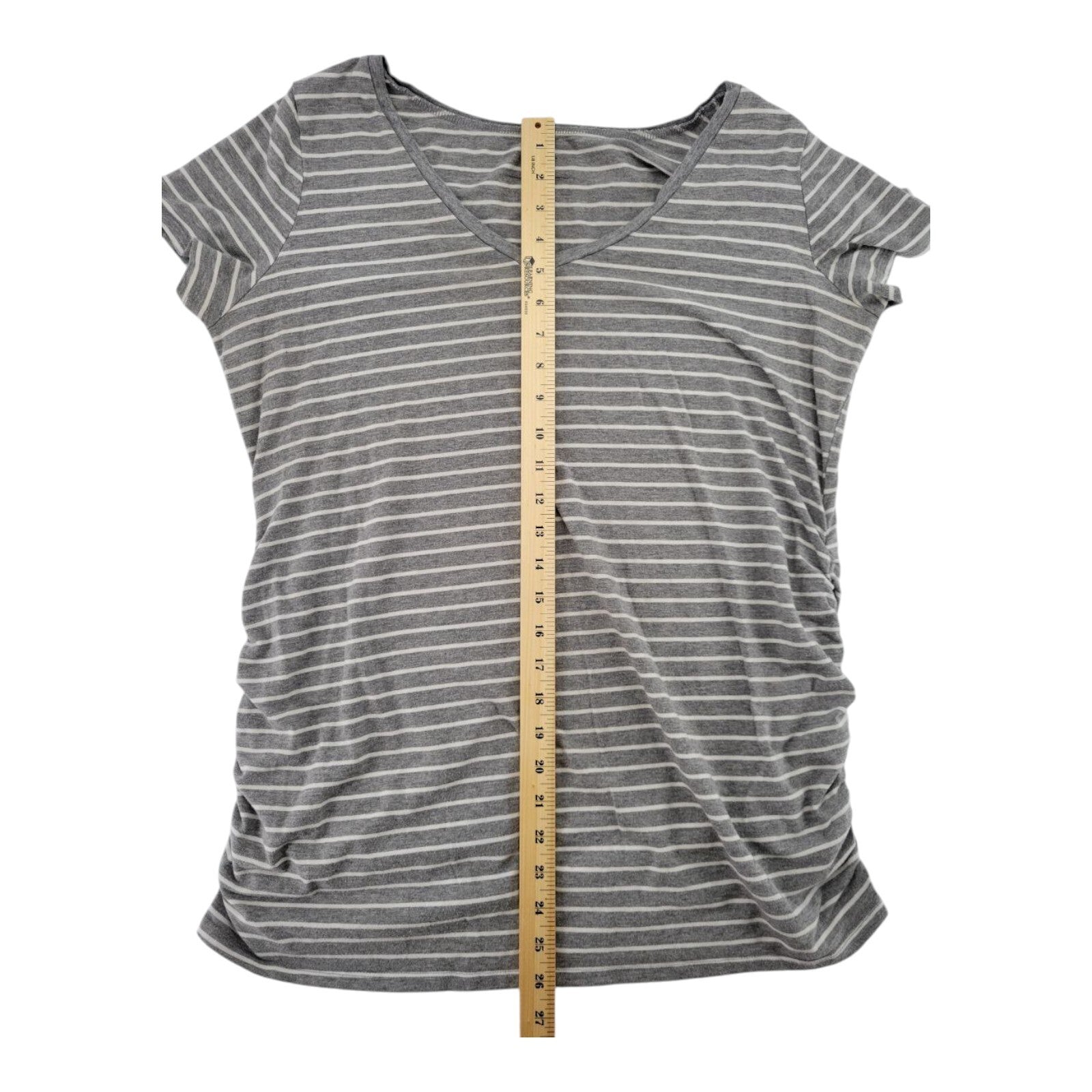 Motherhood Maternity Gray White Stripe T-Shirt Top Side Ruched V Neck Size XL