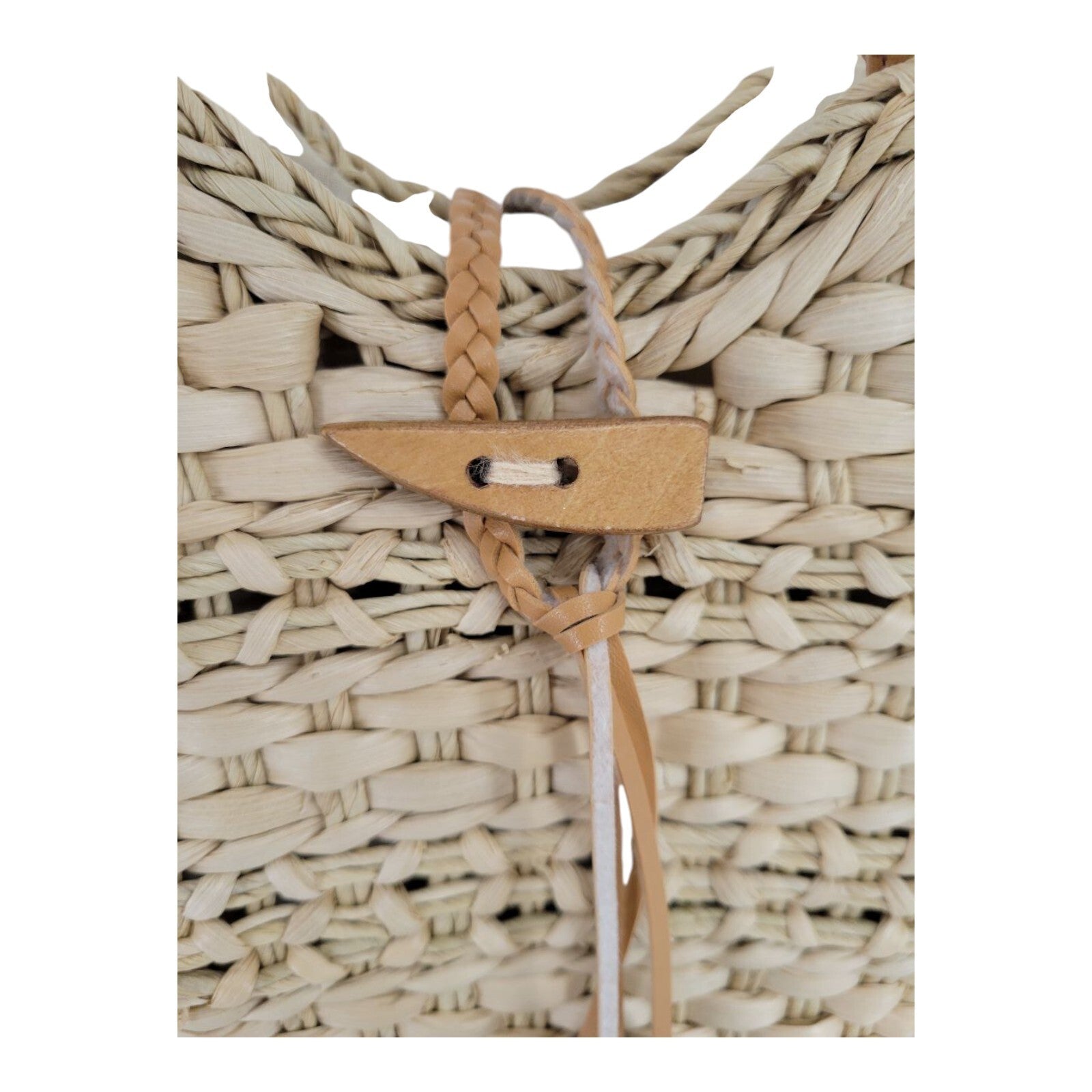 Womens Beige Tote Cornhusk Handbag with Leather Handles and Beads