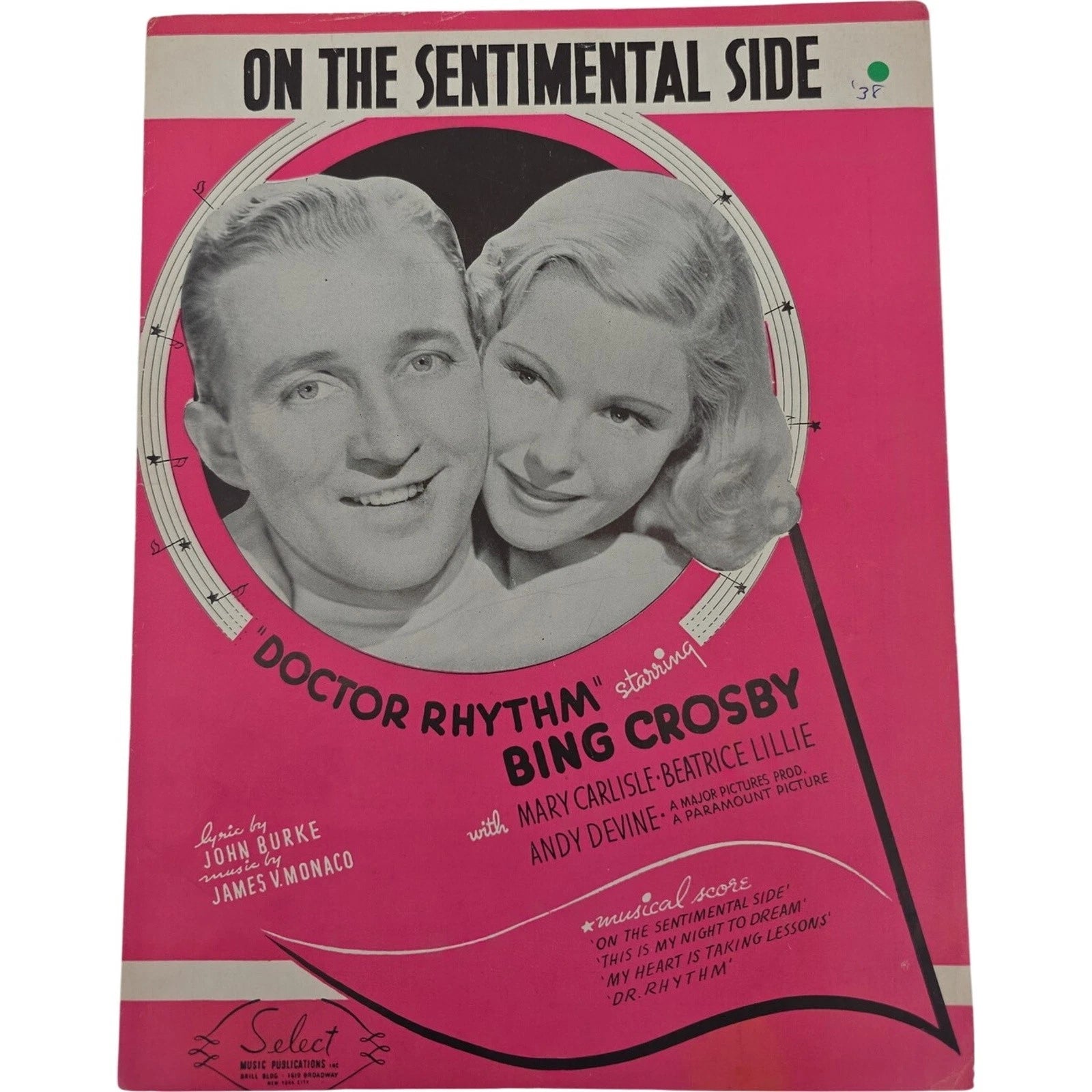 1938 On the Sentimental Side Sheet Music Bing Crosby Doctor Rhythm Film Song