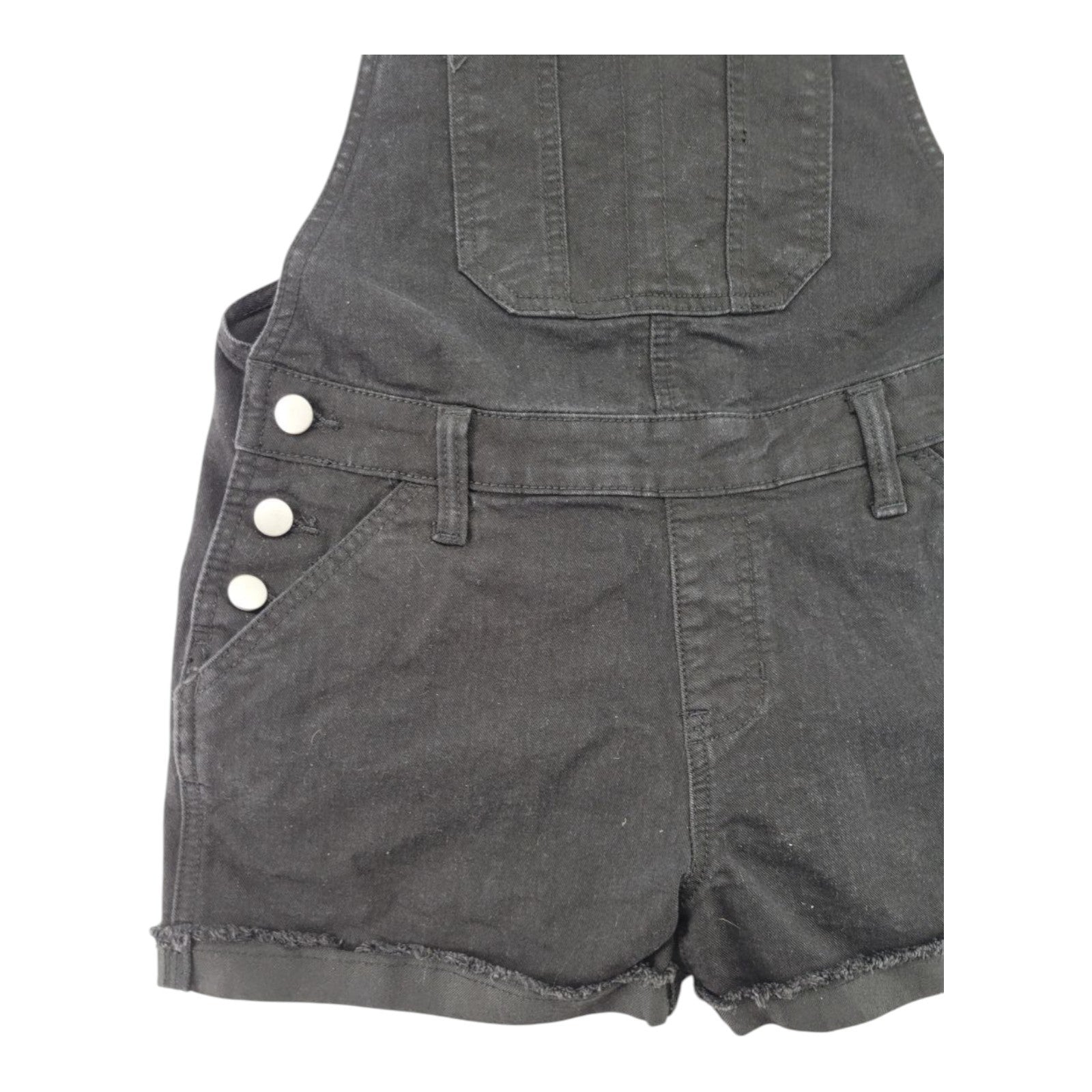 No Boundaries NOBO Women's Black Denim Overall Shorts Frayed Hem Size M (7-9)