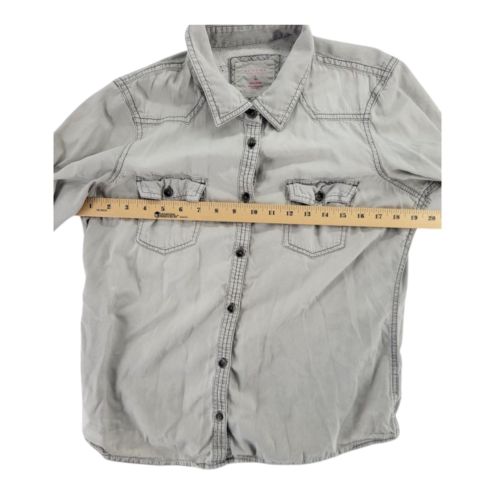 Sonoma Lifestyle Women's Gray Button-Up Shirt Long Sleeve Cotton Size L