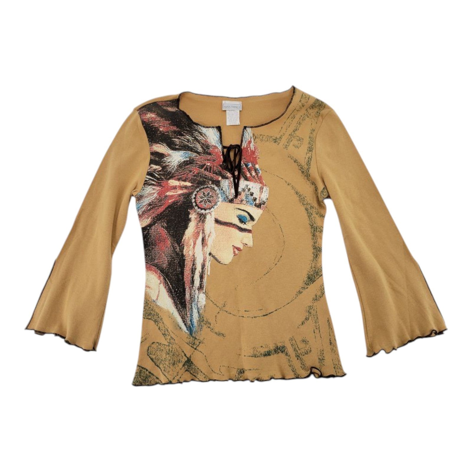 Miss Thing Women's Boho Style Graphic Print Top L Mustard Long Sleeve Bell