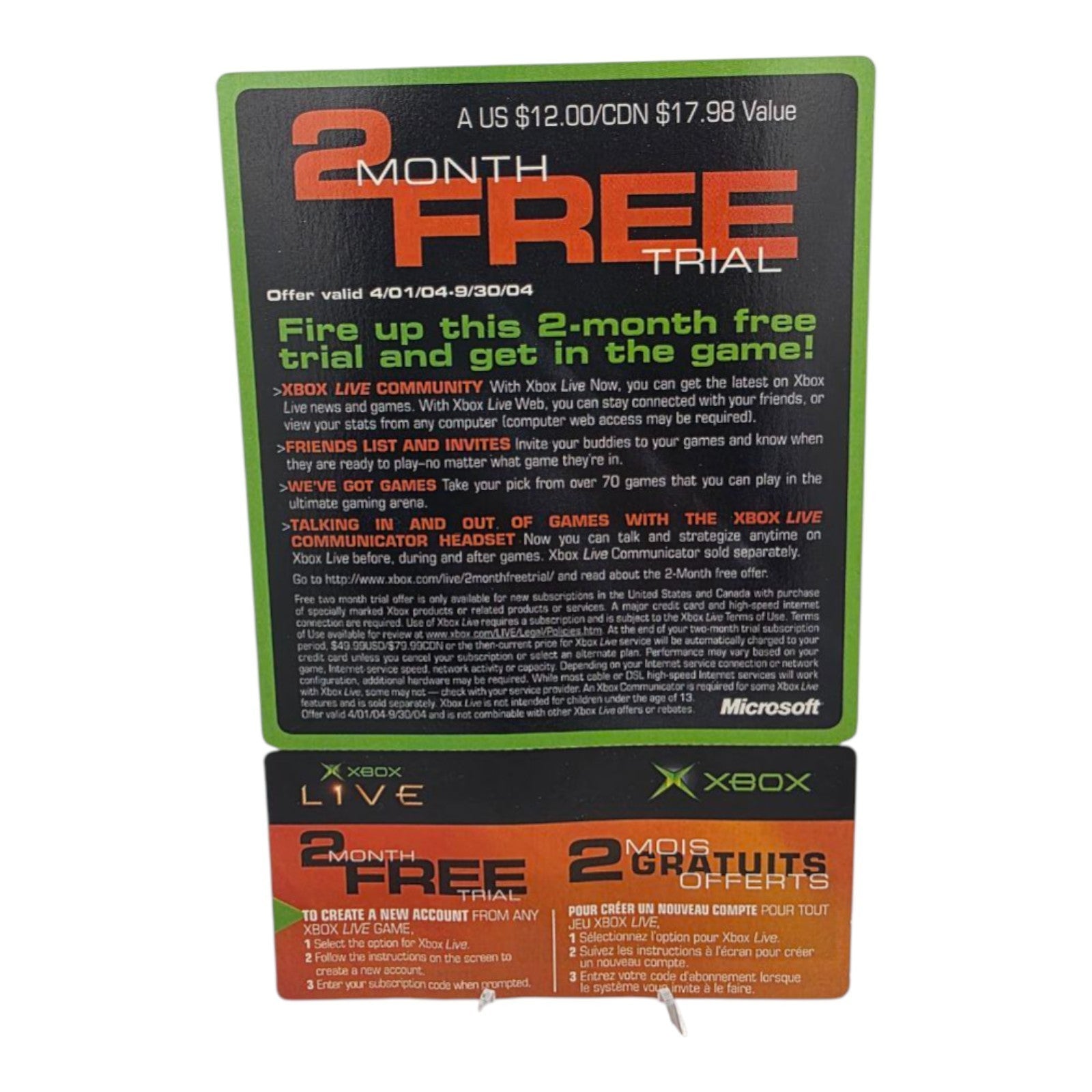 Xbox Live 2 Month Free Trial Card Microsoft 2004 Bilingual Unused Code