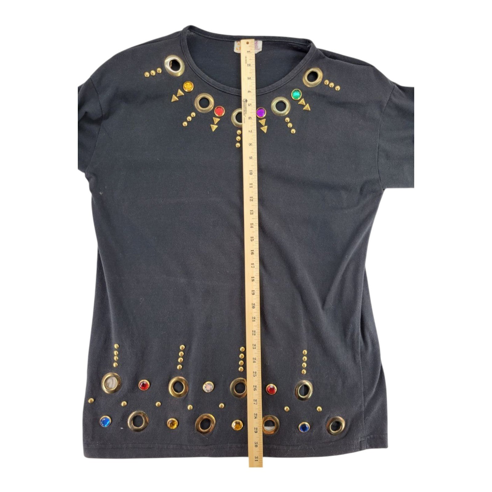 Visage Women's Black Tee Gem & Grommet Embellished Shirt Made in USA