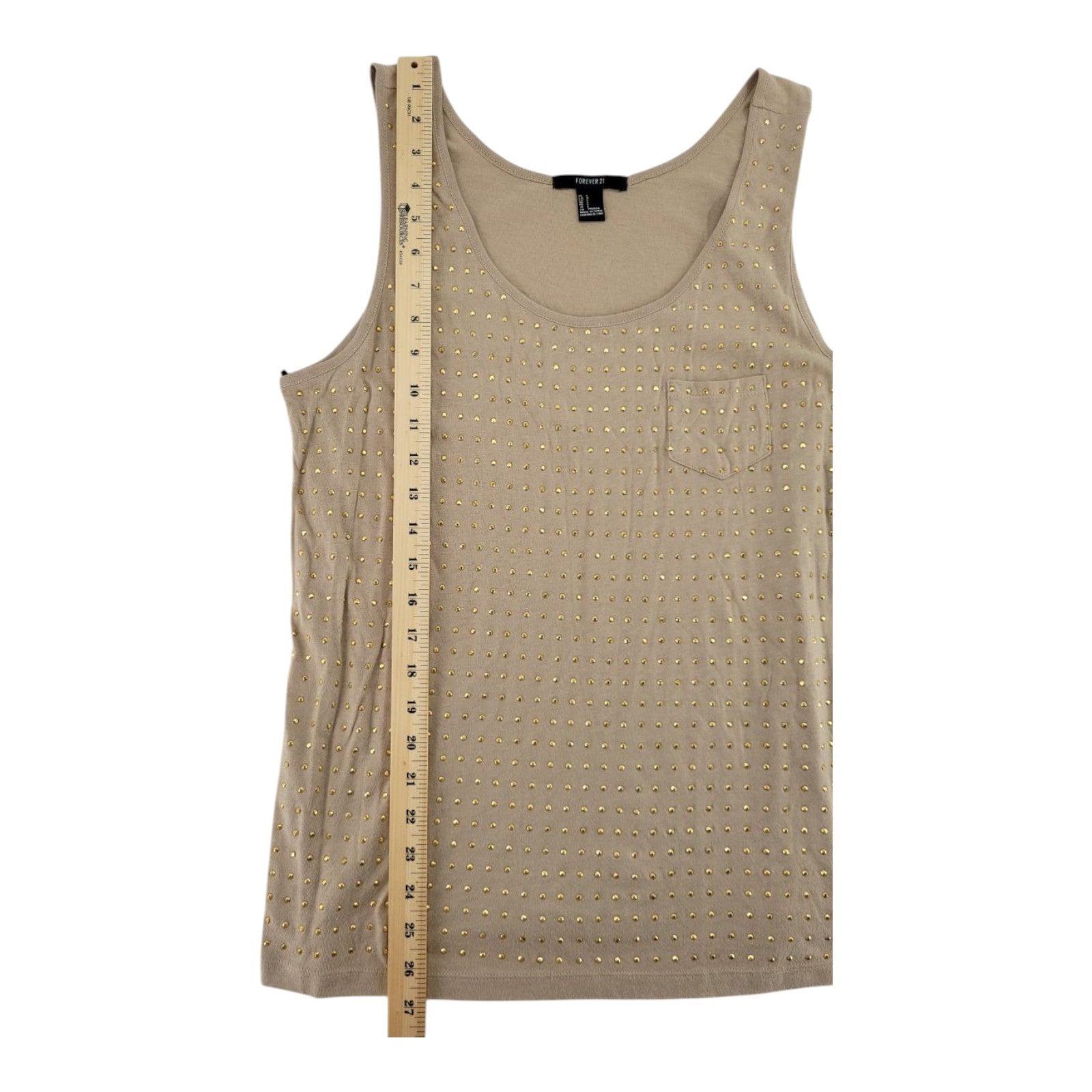 Forever 21 Beige Tank Top Gold Studded Scoop Neck Sleeveless Pocket Size L