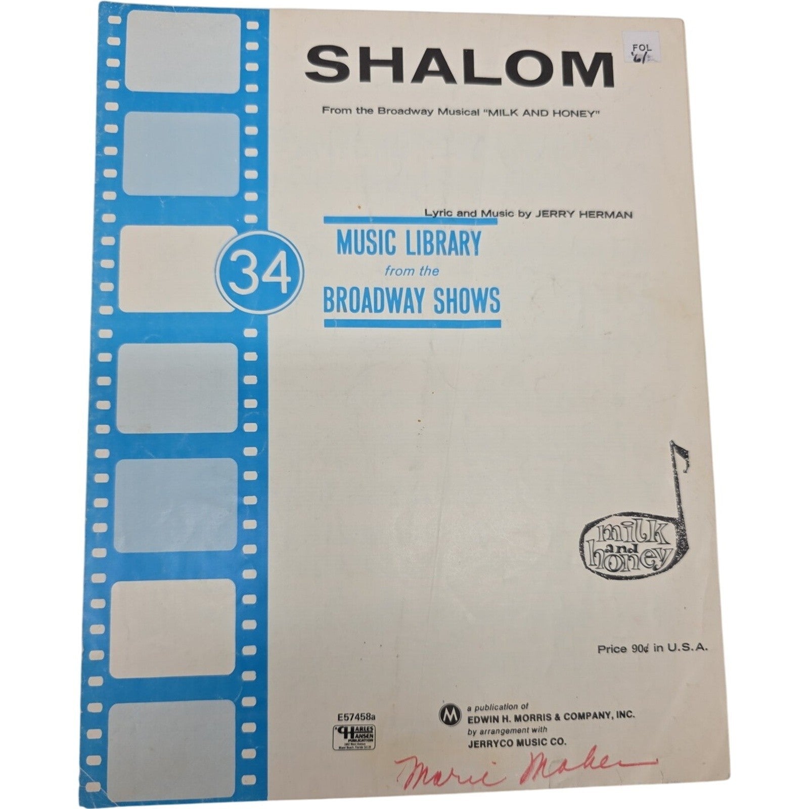 1961 Shalom from the Broadway Musical Milk and Honey Vintage Sheet Music