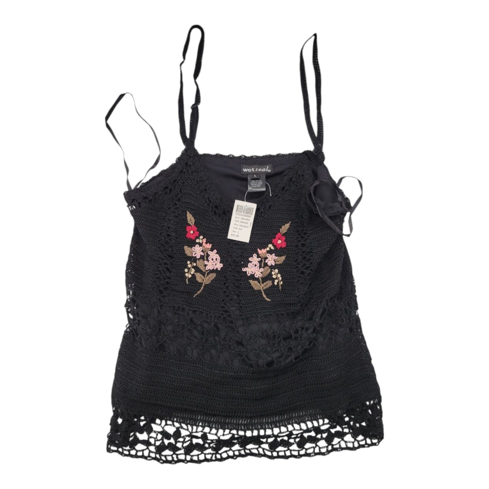 Wet Seal Black Crochet Lace Tank Top Floral Embroidered Lined Sleeveless L