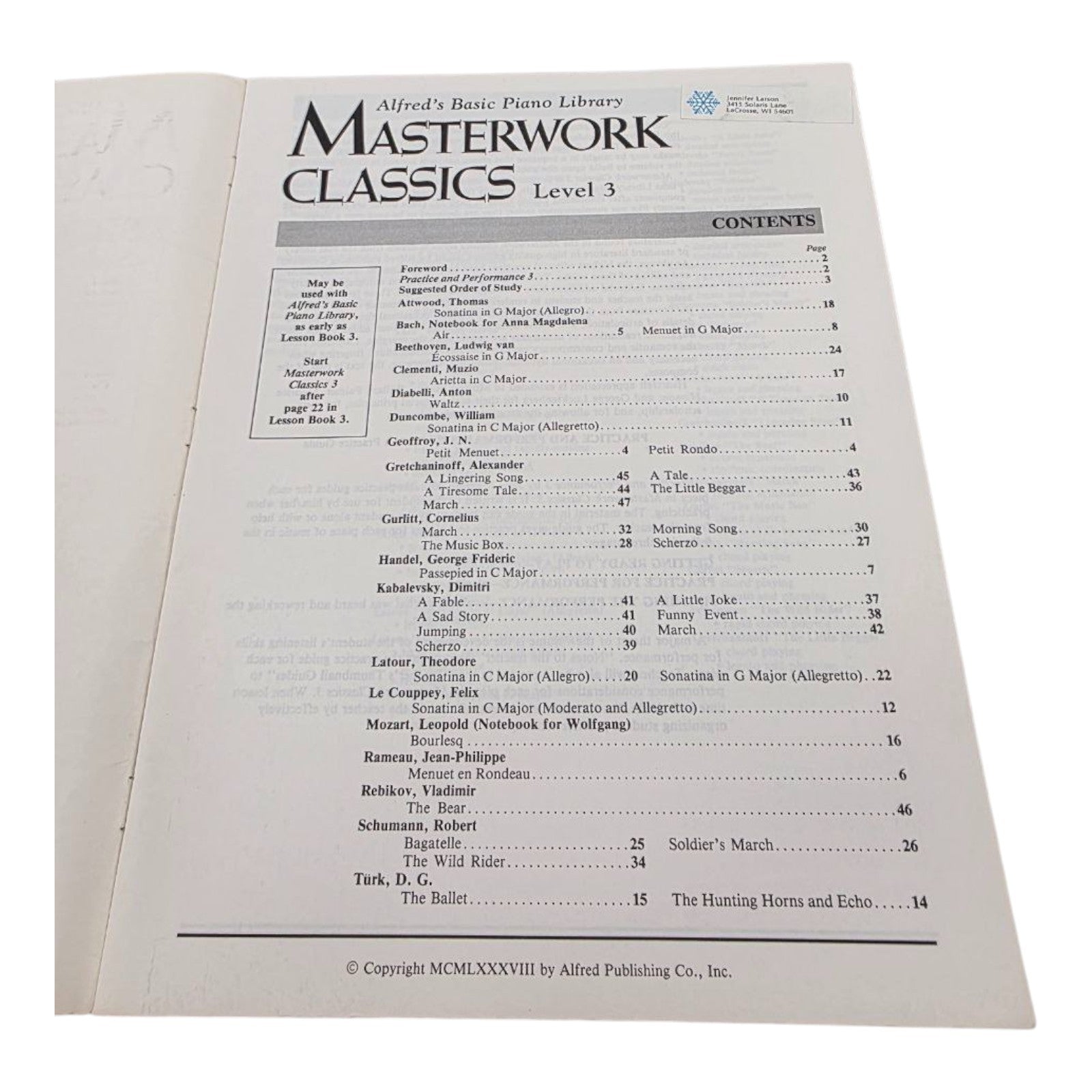 Alfreds Basic Piano Library Masterwork Classics Level 3 Music Book 1988