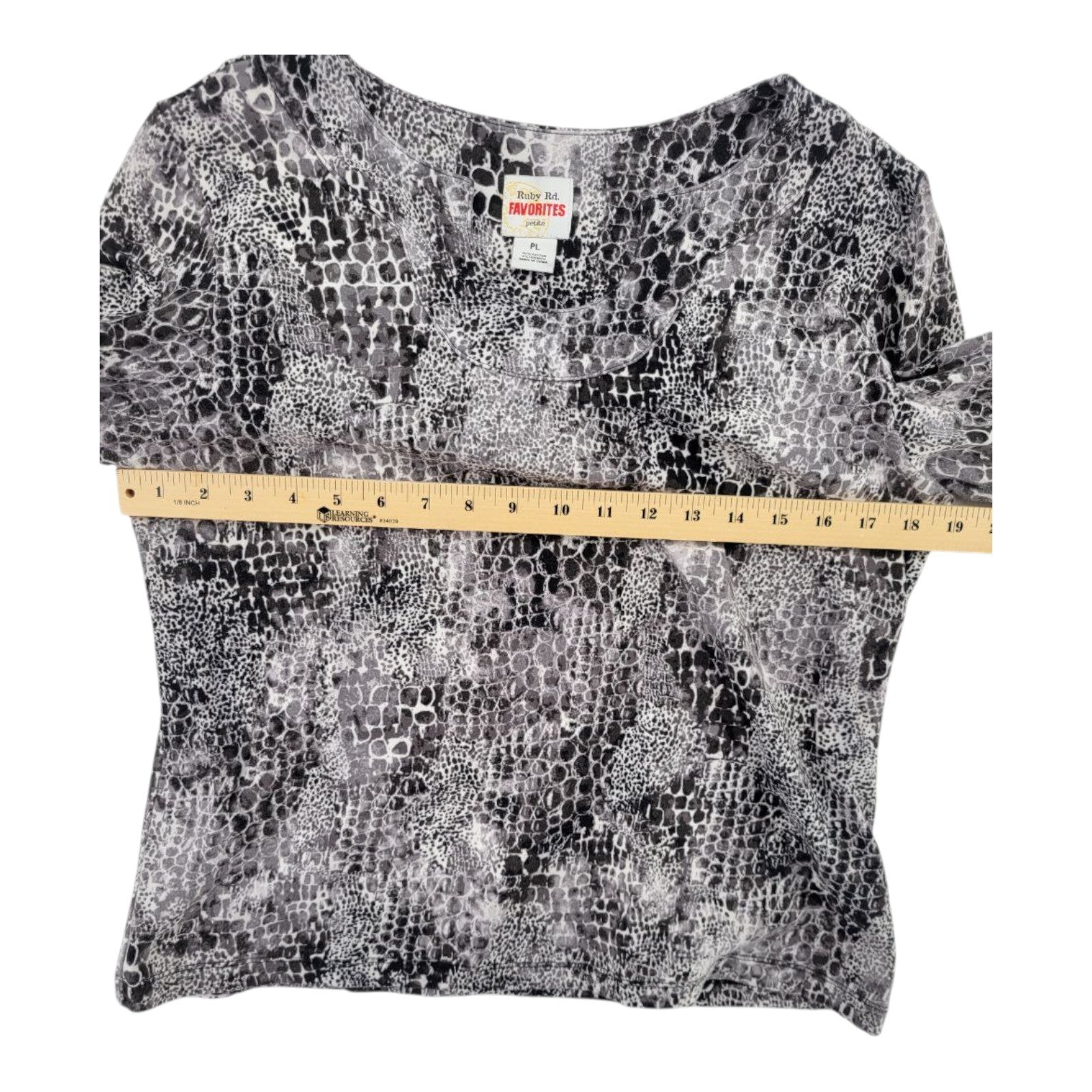 Ruby Rd. Favorites Women's Black White Animal Print Top 3/4 Sleeve Size PL