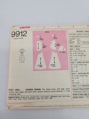 Vtg 70's Simplicity 9912 Designer Fashion Flared DRESS sewing pattern 10 Miss
