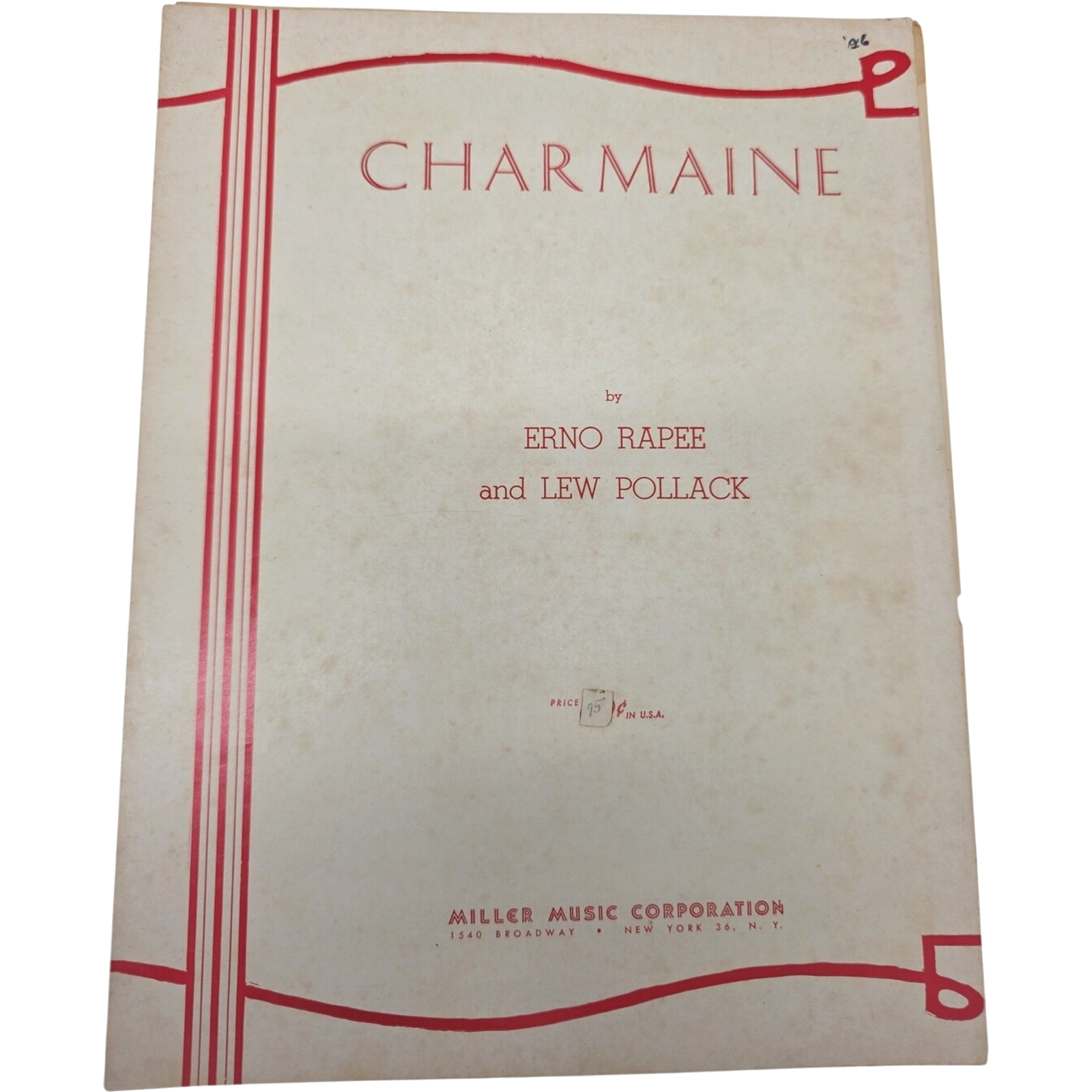 1954 Vintage Sheet Music Charmaine Erno Rapee Lew Pollack Miller Music Corp